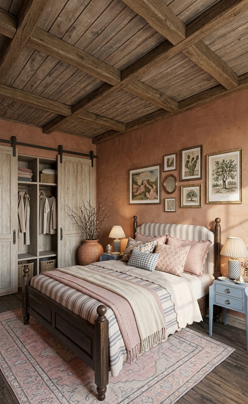 An incredibly lifelike, richly detailed, photorealistic interior photograph of a cozy bedroom infused with French country charm set in an idyllic provincial home during a bright spring midday. The scene is illuminated by gentle sunlight streaming through an unseen window, casting warm, dappled highlights across the surfaces and creating a romantic, inviting atmosphere. Captured with a 35mm architectural tilt-shift lens, emphasizing the tactile plaster wall finish, weathered wooden ceiling beams, and intricate fabric textures, the space showcases a captivating blend of rustic and elegant elements. 

At the heart of the room, a vintage dark wood bed frame features an upholstered, striped headboard draped in layers of soft woven textiles—combining warm neutral tones, muted pinks, and delicate blue-patterned accent pillows. Flanking the bed, a pair of painted powder-blue nightstands host pleated ceramic table lamps and lovingly arranged decorative accents, contrasting beautifully against the textured terracotta plaster wall. A thoughtfully curated gallery wall hangs above, displaying framed pastoral wall art, antique maps, and oval mirrors in weathered frames. To the left, light-toned distressed wooden sliding barn doors open to reveal an organized closet filled with folded garments and natural woven baskets. Beneath the bed, a vintage-inspired rug in faded pinks and soft blues grounds the dark wood flooring, completing this serene, cottage-inspired retreat.