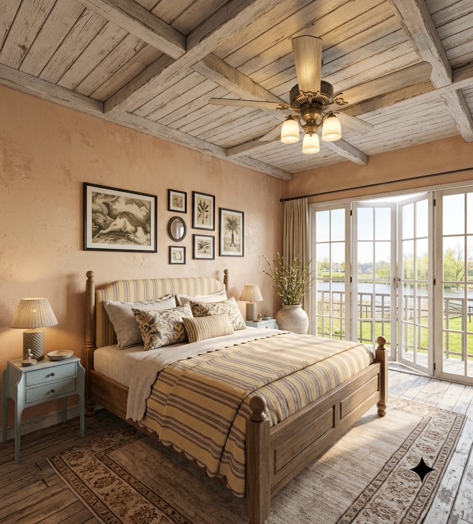 An incredibly lifelike, richly detailed, photorealistic interior photo of a cozy bedroom set in a peaceful countryside villa during a warm spring day. The scene is illuminated by gentle, golden midday light streaming through expansive French doors, creating an inviting, romantic, and cottage-inspired atmosphere. Captured with a professional 35mm lens, emphasizing the weathered textures of the whitewashed wood-beamed ceiling, the distressed peach plaster walls, and the intricate weaves of the layered textiles, this image feels plucked directly from a high-end photography book showcasing French country charm. At the heart of the room sits a vintage wooden post bed with an upholstered headboard, dressed in soft yellow and warm neutral striped bedding. Flanking the bed, light blue provincial nightstands with lovingly arranged surfaces and vintage-inspired lamps complement the serene palette. A gallery of framed pastoral wall art hangs overhead, while tall French doors open to reveal a scenic water view surrounded by springtime greenery, completing this timeless, rustic-elegant retreat.