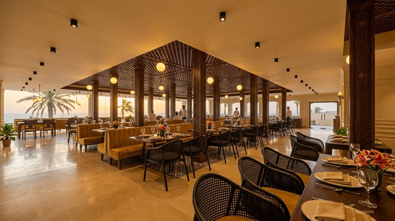 An incredibly lifelike, richly detailed, photorealistic wide-angle interior photo of an opulent restaurant set in an exotic coastal resort during a golden sunset. The scene is illuminated by soft glowing spherical pendant lights, sleek ceiling spotlights, and warm, low-slung evening sunlight streaming through expansive glass windows, creating a sensual, rich, and inviting Middle Eastern atmosphere. Captured with a professional wide-angle architectural lens, emphasizing the hand-carved wooden columns, woven cane textures, and vibrant patterned surfaces.

Embodying a refined Moroccan mystique, the expansive dining room showcases grand architectural details, including intricately carved wooden pillars and a dark geometric lattice ceiling feature that exudes timeless craftsmanship. Guests are seated among luxurious, mustard-yellow channel-tufted booth seats and sleek, black woven chairs arranged thoughtfully around dark wood tables decorated with fine crystal glassware, polished cutlery, and vibrant floral accents. The central dining zone rests upon an elaborate mosaic tile floor showcasing subtle geometric patterns in shades of deep blues, reds, and golds, framed by smooth, sand-toned polished flooring. Lush indoor potted plants and subtle views of swaying palm trees silhouetted against the sunset horizon complete this breathtaking composition, styled with the sophistication of a high-end architectural photography book.