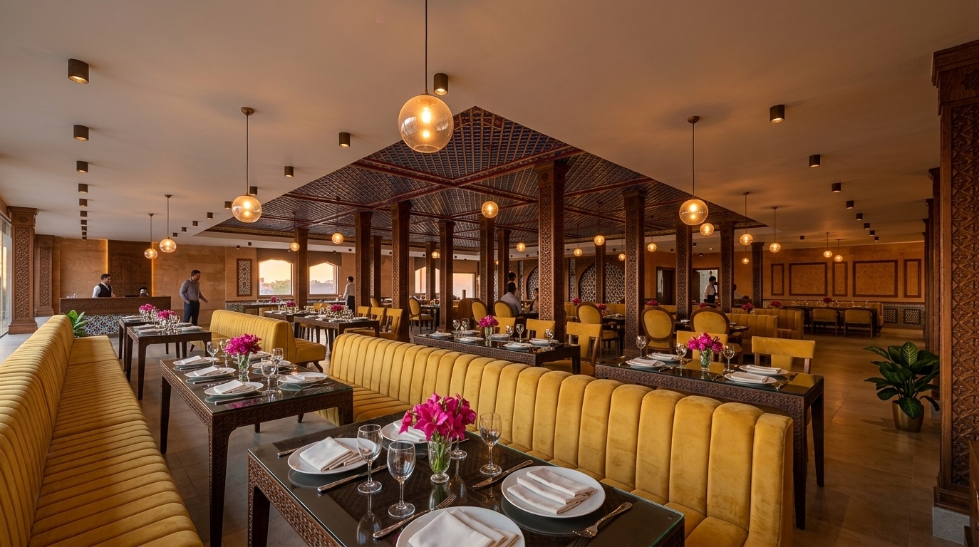 An incredibly lifelike, richly detailed, photorealistic wide-angle interior photo of a grand fine-dining restaurant set in an opulent Moroccan-inspired architectural sanctuary. The scene is illuminated by the warm, amber glow of a fading sunset filtering through large windows combined with soft, spherical glass pendant lights, creating an exotic, warm, and sensual atmosphere. Captured with a full-frame architectural camera equipped with a 24mm tilt-shift lens, emphasizing the rich textures of carved wooden pillars, plush yellow velvet upholstery, and crisp glass table settings. The expansive dining room features long, channel-tufted yellow banquettes paired with dark, glossy glass-top tables meticulously set with white ceramic dinnerware, fine glassware, and vibrant pink floral centerpieces. Intricately carved wooden and metal columns support a grand recessed coffered ceiling filled with ornate geometric patterns in rich shades of deep blues, reds, and golds, showcasing vibrant Middle Eastern decor. Warm, textured sandstone surfaces, delicate geometric wall art, and lush potted indoor plants complete this captivating, highly tactile visual experience.