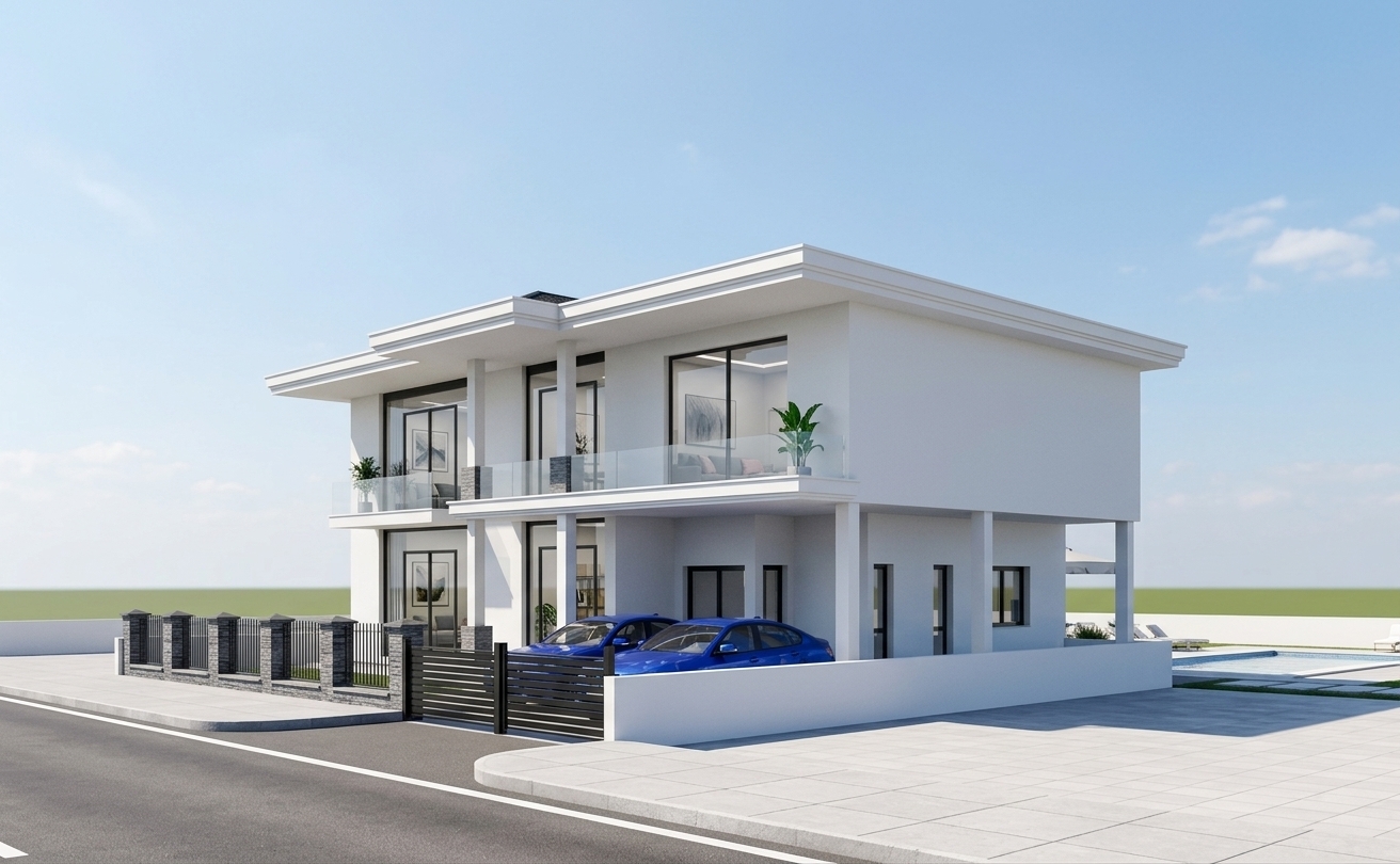 An incredibly lifelike, richly detailed, photorealistic wide-angle exterior architectural photo of a modern minimalist luxury residence set in a tranquil suburban spring environment featuring a sun-drenched outdoor pool area nearby. The scene is illuminated by brilliant, direct midday sunshine, creating a serene, clear, and uncluttered atmosphere with sharp, clean-edged shadows. Captured with a professional 24mm tilt-shift architectural lens, emphasizing the ultra-smooth white plaster facades, glossy glass reflections, and rich textural contrasts between the dark asphalt and textured stone pillars. The two-story home embodies a zen-inspired minimalist haven with geometric lines, prominent white roof overhangs, glass balustrades, and expansive floor-to-ceiling windows. Tucked neatly within the ground-floor carport behind a low white courtyard wall, two gleaming cobalt blue sport sedans provide a striking color accent against the property's refined monochromatic palette of whites and cool grays. Looking through the polished glass windows reveals streamlined, uncluttered living spaces decorated with subtle gray and soft pastel tones, sleek dark metal and natural wooden furniture, abstract wall art, a stylish photography book resting on a clutter-free surface, and vibrant green indoor plants that bring warmth to the modern architecture. A sophisticated front boundary fence featuring dark horizontal slats and stacked gray stone posts lines the pristine concrete sidewalk and smooth dark asphalt street, all set under an open, pale blue spring sky.