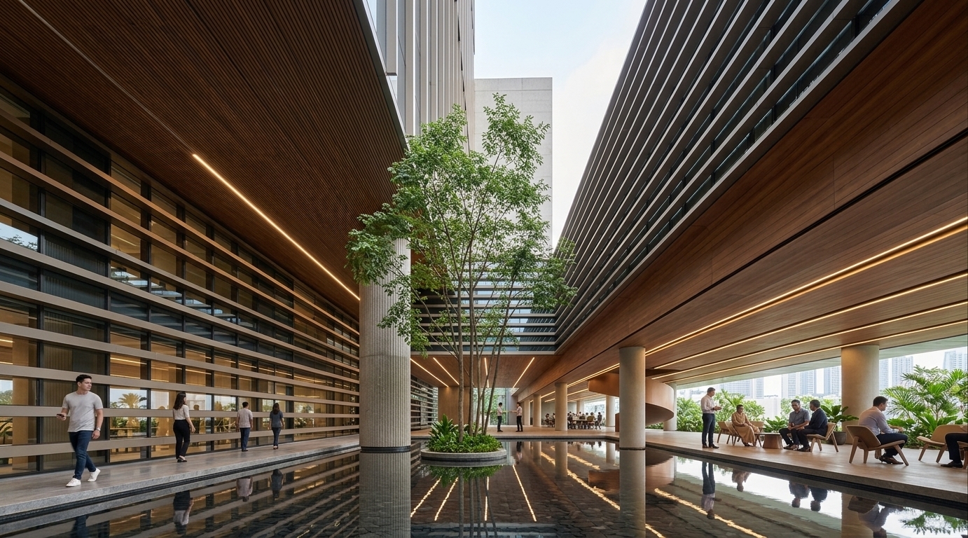 An incredibly lifelike, richly detailed, photorealistic wide-angle eye-level shot of a contemporary tropical corporate campus atrium set in a luxurious modern urban development. The scene is illuminated by bright ambient daylight filtered through deep overhangs alongside warm, continuous linear LED lighting integrated into the ceiling, creating a serene, sophisticated, and inviting atmosphere. Captured with a 24mm architectural tilt-shift lens, emphasizing the rich grain of warm timber soffits, glistening water reflections, and crisp, rhythmically layered façade louvers.

The dramatic open-air courtyard is framed by two soaring modern building wings defined by strong horizontal bands, sleek structural columns, and expansive glass curtain walls. At the core of the composition, a tall, delicate tree emerges from a circular lush planter set within a shallow dark stone-lined water feature, casting pristine, shimmering reflections across its still surface. Flanking the pool, polished walkways and semi-outdoor lounge spaces feature stylish neutral-toned furniture where professionals naturally converse and work. In the background, a sculptural bronze spiral staircase curves gracefully upward, completing this high-end modern fusion of architecture, nature, and human activity.