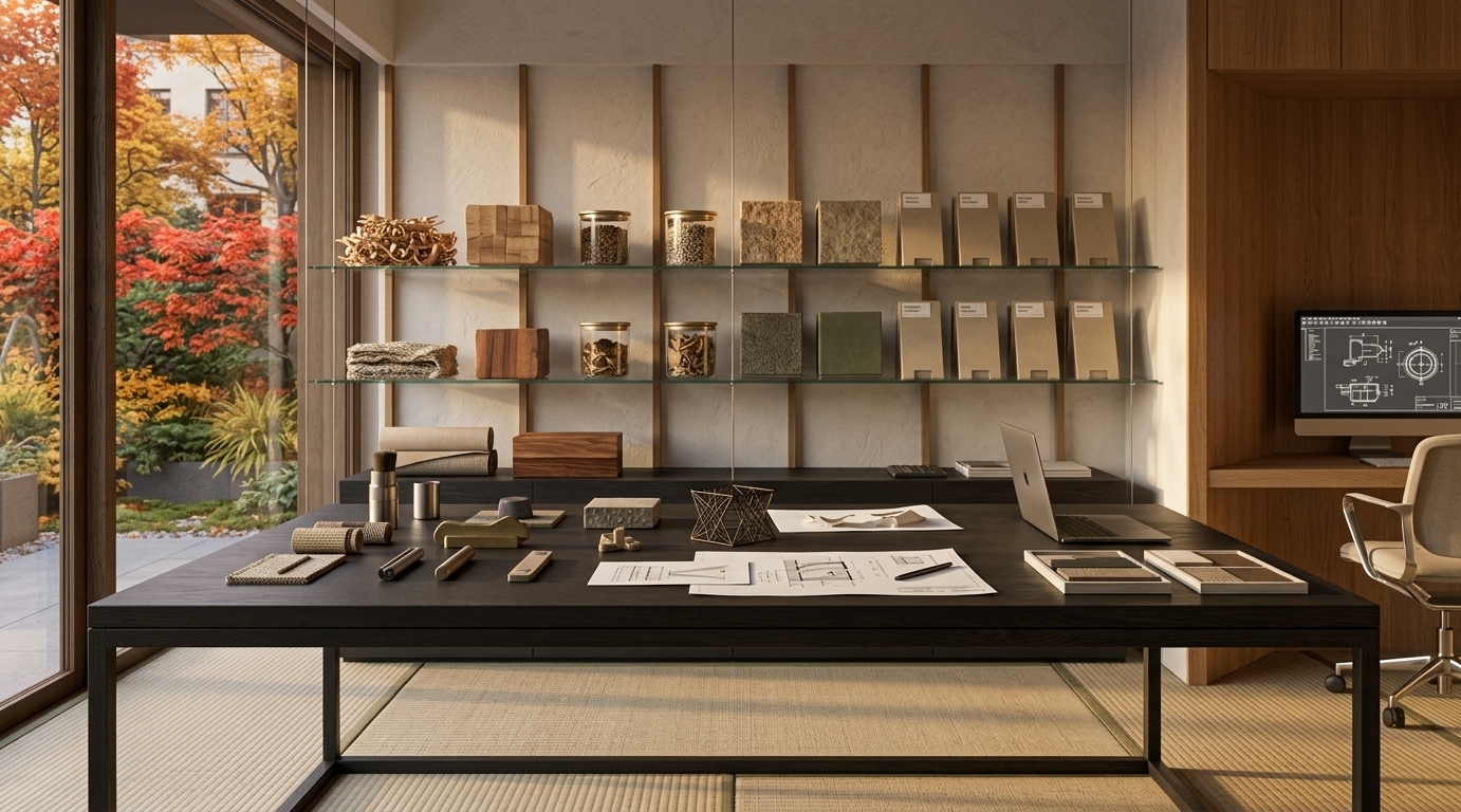 An incredibly lifelike, richly detailed, photorealistic wide-angle interior shot of a Japanese Zen living room set in a tranquil, autumn-inspired sanctuary. The scene is illuminated by the warm, amber glow of a low sunset filtering through floor-to-ceiling glass sliding doors, creating a serene, deeply calm atmosphere. Captured with a 35mm f/1.8 lens, emphasizing tactile lime-wash plaster walls, rich natural wood grain, and delicate plays of shadow across woven tatami flooring...

This reimagined space elevates the original studio layout into a minimalist, wabi-sabi living room focused on balance, simplicity, and natural harmony. Replacing the workspace, a low-slung dark oak coffee table sits centered on light beige tatami mats, featuring clutter-free surfaces adorned only with a large open photography book, a raw ceramic dish, and a delicate indoor bonsai plant. Against a textured off-white wall hangs a dramatic, framed piece of Japanese calligraphy wall art in bold black ink, creating a striking focal point. The color palette revolves around refined neutrals, deep charcoal blacks, and muted moss greens, seamlessly connecting with the vibrant fiery red and golden foliage of the autumn garden outside. Low-profile wooden seating with natural green upholstery invites quiet contemplation, ensuring every design choice respects human scale, spatial purity, and an uncluttered visual rhythm.