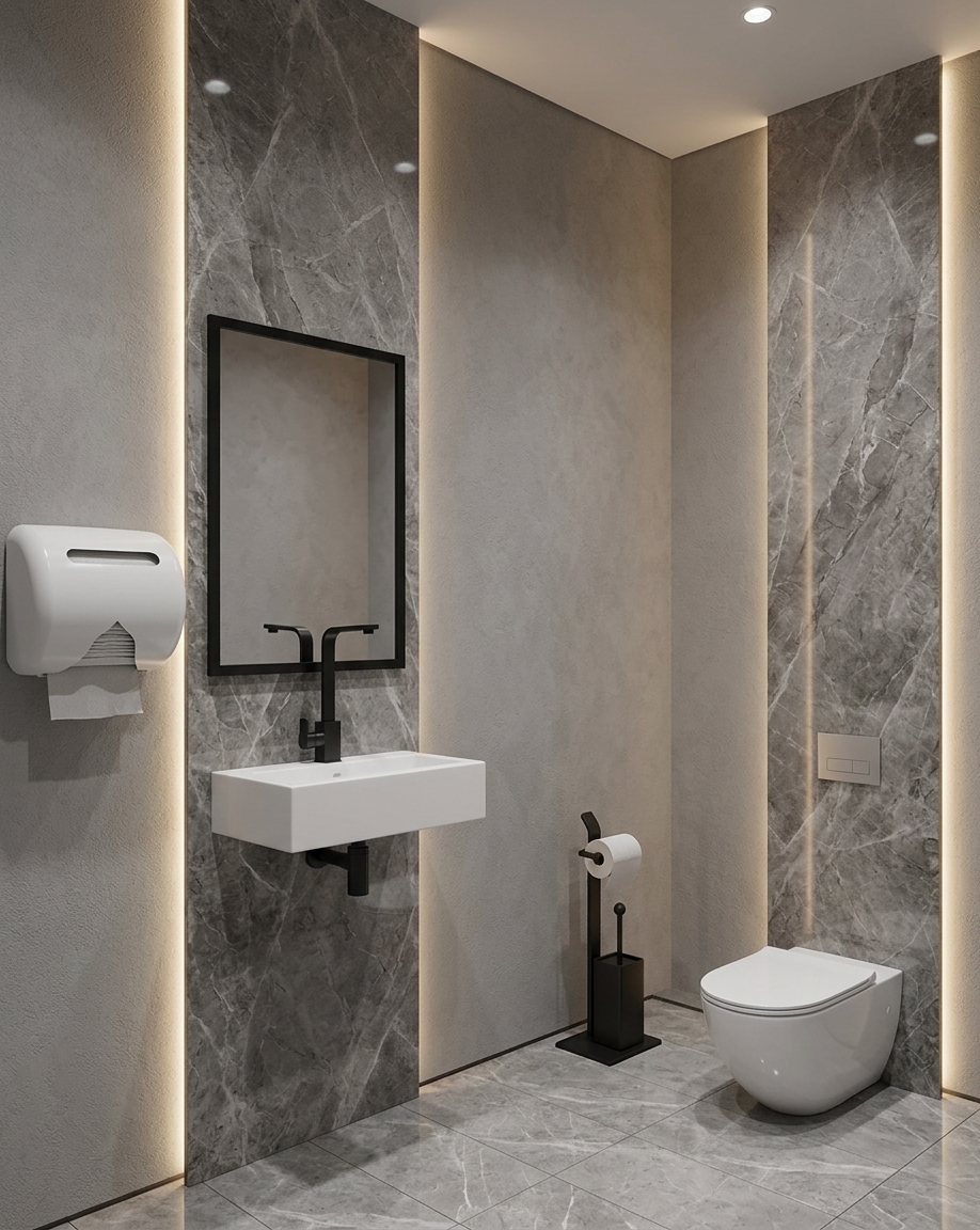 An incredibly lifelike, richly detailed, photorealistic wide-angle interior photo of a sleek powder room set in a high-end modern apartment. The scene is illuminated by soft, recessed ceiling lighting paired with warm LED side backlighting concealed behind the vertical stone feature walls, creating an atmosphere of contemporary elegance and understated luxury. Captured with a professional 35mm architectural lens, emphasizing the subtle micro-texture of the hand-applied grey decorative plaster, the subtle gloss of the floor, and the deep, organic veining of the stone. Two tall, floor-to-ceiling accent panels crafted from polished grey marble anchor the space—one framing a floating rectangular white basin paired with a minimalist matte black faucet and a framed black mirror, and the other backing a streamlined, wall-hung white toilet. Gentle halo lighting emanates from the sides of both marble panels, casting a delicate ambient glow across the grey decorative plaster walls and down onto the matching grey marble floor tiles, while refined accessories like a freestanding black toilet paper stand and a sleek white dispenser complete this serene, sophisticated sanctuary.