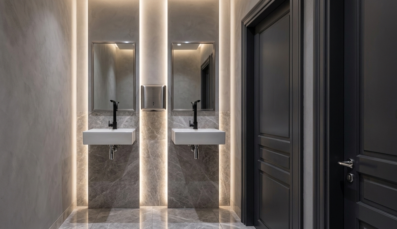 An incredibly lifelike, richly detailed, photorealistic interior photo of a sleek, modern restroom vanity area set in a high-end commercial interior. The scene is illuminated by soft, ambient LED backlighting concealed along the sides of vertical wall panels alongside subtle ambient highlights, creating a mood of contemporary elegance and tranquil sophistication. Captured with a wide-angle 35mm architectural lens, emphasizing the tactile contrast between smooth grey decorative plaster walls and the refined, veined texture of polished grey marble, the composition showcases two floating white ceramic vessel sinks paired with matte-black gooseneck faucets and thin-framed rectangular mirrors. Vertical slabs of rich grey marble extend behind each sink station, perfectly matching the polished marble tile floor beneath, which catches crisp, realistic reflections of the warm lateral lighting. Positioned neatly between the mirrors is a brushed stainless steel hand dispenser, while classic paneled doors in a deep charcoal finish frame the right foreground, adding depth, structural rhythm, and timeless luxury to the pristine, minimalist design.