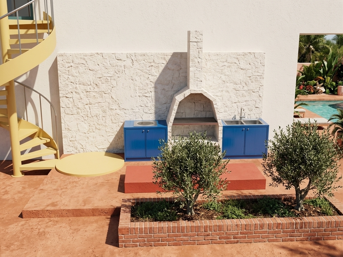 An incredibly lifelike, richly detailed, photorealistic landscape photo of a vibrant outdoor barbecue area set in a sun-drenched pool area designed as a bohemian oasis. The scene is illuminated by bright, direct midday summer sunlight, creating a warm, cheerful, and inviting atmosphere. Captured with a 24mm wide-angle lens, emphasizing tactile white stone cladding, polished blue exterior cabinetry, textured terracotta masonry, and lush tropical greenery. 

Set against a crisp off-white exterior wall, the central built-in green barbecue unit is beautifully detailed with natural white stone cladding and a tall chimney flue. To its left and right, bold blue-colored counter cabinets provide functional prep space, complete with an integrated stainless steel double-basin kitchen sink and chrome faucet on the right side. On the left side of the patio, a eye-catching yellow spiral staircase adds a playful architectural feature, while in the foreground, a low rectangular red brick garden bed holds two mature foliage trees, harmonizing the outdoor kitchen with the surrounding bohemian pool deck landscape.
