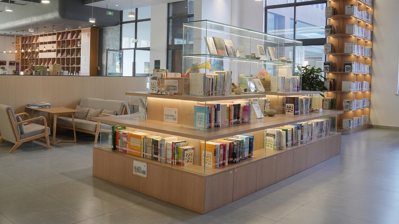 A professional photograph of the modern library interior, maintaining the exact layout, geometry, and camera perspective of the reference scene. The focal point is the central display island featuring clear, double-sided transparent tempered glass tiers with polished edges, seamlessly mounted on light Scandinavian oak wood shelving units, illuminated by warm 3000K soft LED strip lights beneath each level. Sunlight streams in through the large grid windows on the right, blending natural daylight with the warm glow from the backlit floor-to-ceiling bookshelves in the background. Photographed on a full-frame camera with a 35mm lens at f/5.6, the image reveals realistic surface micro-textures: fine grain in the pale oak wood, subtle fingerprints and reflections on the glass display shelves, soft weave on the grey sofa cushions, and thin grout lines on the matte grey floor tiles. The environment feels serene and authentic, complete with mild optical vignetting, slight dust particles suspended in the window light beams, and subtle imperfections in book alignment along the shelves.