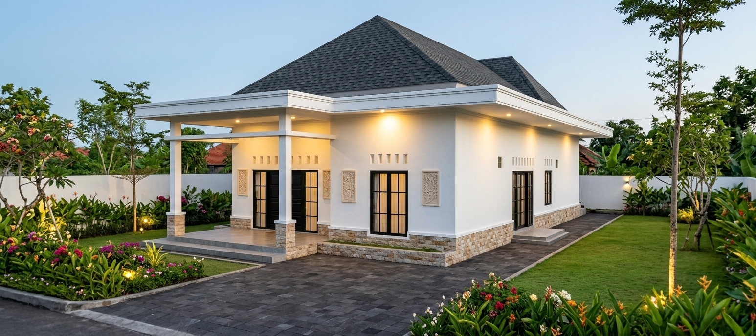 An incredibly lifelike, richly detailed, photorealistic wide-angle exterior architectural photo of a luxurious single-story contemporary villa set in a serene outdoor garden environment. The scene is illuminated by warm recessed downlights glowing intensely from the white porch ceilings and eaves alongside soft ambient landscape spotlights, creating a sophisticated, warm, and inviting evening atmosphere. Captured with a professional 24mm tilt-shift lens, emphasizing the crisp white rendered walls, sleek matte-black aluminum door and window frames, textured natural stone base cladding, and elegant decorative relief wall ornaments flanking the main entrance. The classic hipped roof features realistic dark grey asphalt shingles with deep tactile texture, while the lush surrounding garden overflows with vibrant tropical flower beds, manicured green lawns, and slender trees, all set against a clean, dark stone paver driveway.