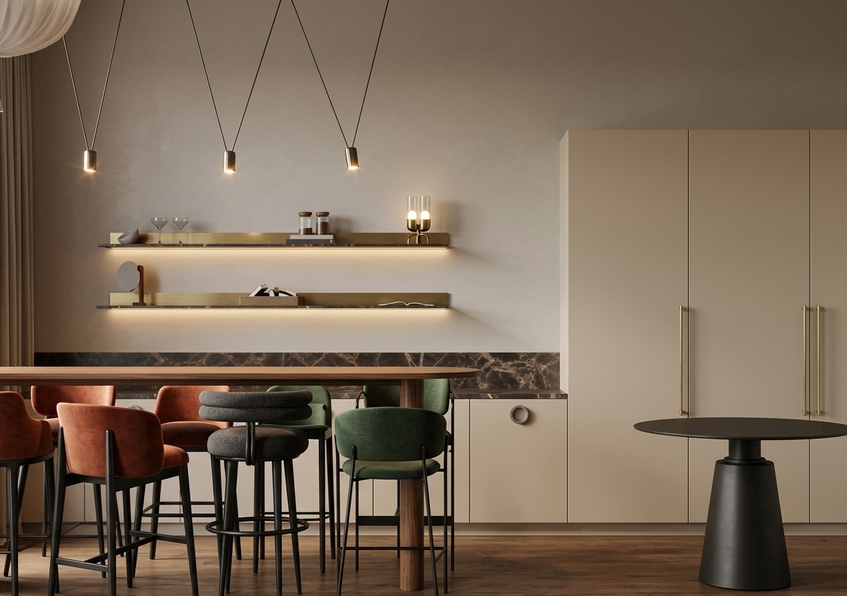 An incredibly lifelike, richly detailed, photorealistic eye-level interior photo of a sleek modern kitchen and lounge area set in a tranquil Scandinavian sanctuary. The scene is illuminated by stylish, modern accent pendant lights suspended gracefully above the long wooden bar counter, casting focused warm spotlights that combine with delicate hidden LED strips beneath the floating brass and stone shelves, creating a warm, moody, and deeply intimate atmosphere. Captured with a professional 50mm f/1.8 architectural lens, emphasizing tactile textures—from the smooth neutral plaster walls and rich dark marble backsplash to the plush terracotta velvet, textured charcoal, and deep green fabric upholstery of the eclectic mix of bar stools. To the right, seamless full-height beige cabinetry with slender brass handles anchors the composition next to a dark, minimalist round pedestal table, while soft, natural light falloff and rich realistic shadows bring an inviting sense of quiet luxury and architectural harmony to the space.