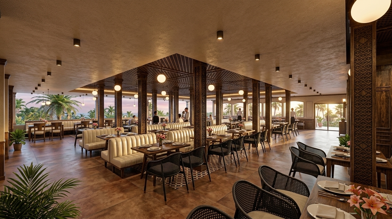 An incredibly lifelike, richly detailed, photorealistic wide-angle interior photo of a grand restaurant set in a luxurious seaside resort during late summer. The scene is illuminated by the soft, warm golden light of a setting sun filtering through expansive windows alongside delicate spherical pendant lights, creating an exotic, warm, and inviting atmosphere. Captured with a 24mm architectural lens on a full-frame camera, emphasizing the intricate geometric carvings on the tall wooden columns, the textured beige stucco ceiling with its recessed lattice coffering, and the fine tactile contrast between smooth cream-tufted booth seating and black woven dining chairs. Rich Moroccan mystique radiates throughout the open floor plan, featuring patterned floor tiles anchored beneath dining arrangements, ornate wood finishes, and fresh indoor potted plants that lend natural vibrancy. In the background, bright open sightlines reveal a sun-drenched coastal landscape with palm trees under a hazy twilight sky, creating an unforgettable architectural showcase fit for a high-end photography book.