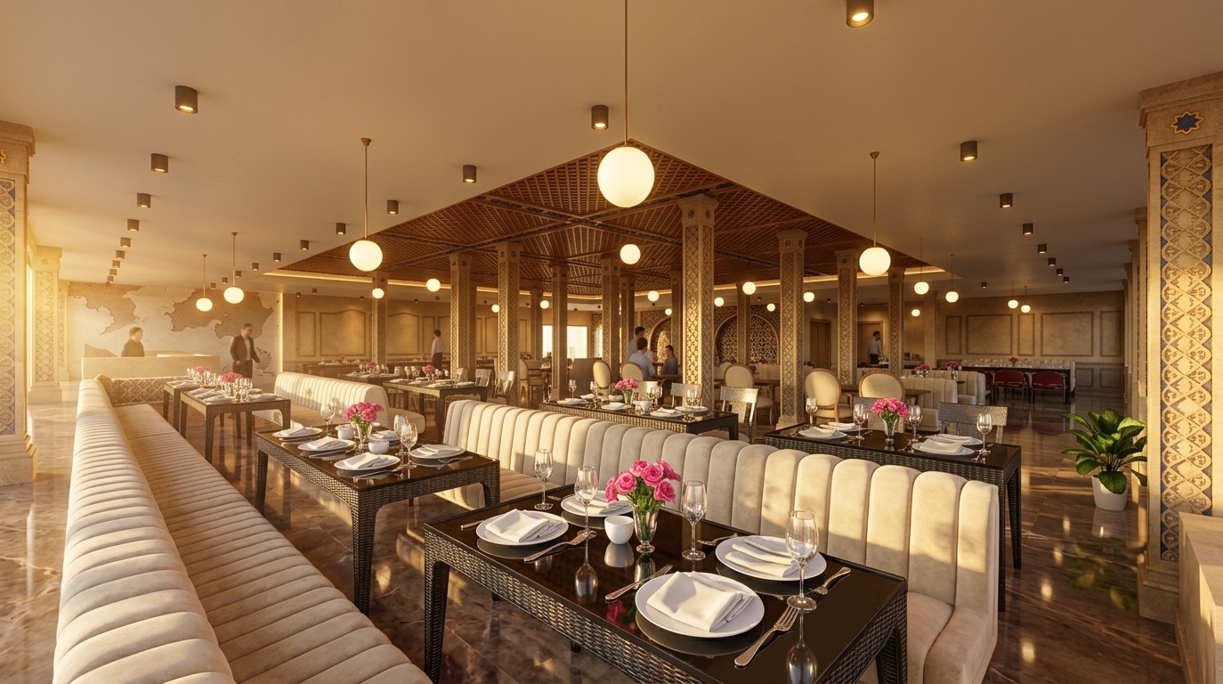 An incredibly lifelike, richly detailed, photorealistic wide-angle interior photo of an opulent dining hall in a high-end restaurant set in a sun-drenched summer resort. The scene is illuminated by the warm, golden light of a late afternoon sunset streaming through expansive windows paired with soft, glowing globe pendants and ambient ceiling spotlights, creating a warm, sensual, and inviting atmosphere. Captured with a professional architectural camera lens, emphasizing the intricate carved wooden and metal furniture, rich textures, and polished glass reflections. Embracing a Moroccan mystique aesthetic, the spacious interior showcases elaborate sandstone columns embellished with detailed geometric wall art and ornate traditional motifs. Long rows of plush, cream-upholstered channel-tufted booth seating align with sleek dark tables elegantly set with fine porcelain, folded napkins, stemware, and vibrant pink floral centerpieces. Rich patterned surfaces, an ornate ceiling lattice, and subtle accents in deep blues, reds, and golds infuse the space with exotic Middle Eastern elegance, while lush indoor plants bring a lively touch of nature to this scene straight out of a luxury interior design photography book.