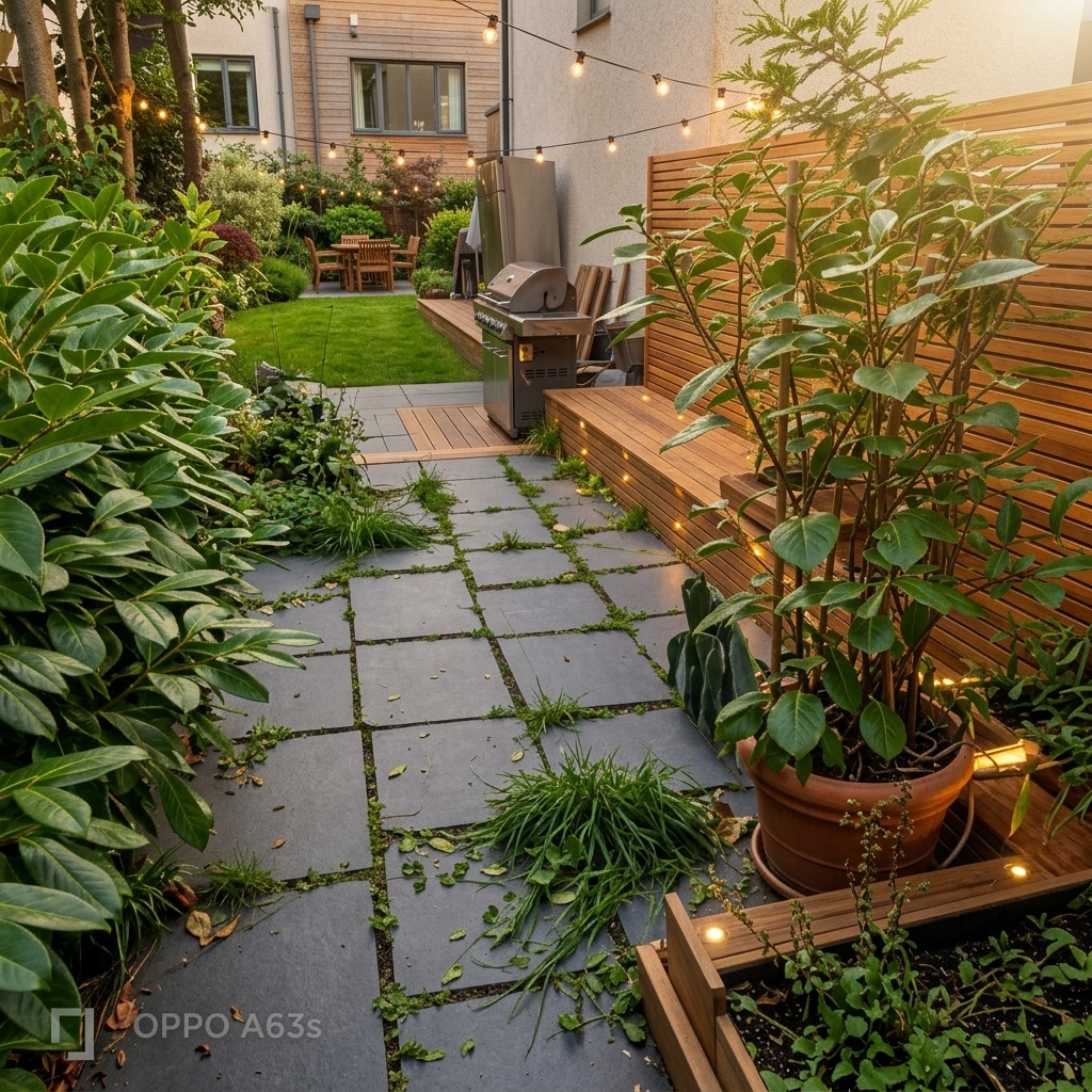 An incredibly lifelike, richly detailed, photorealistic wide-angle landscape shot of a redesigned 6m x 3.5m backyard patio set in the lush rear garden of a modern family detached house. The scene is illuminated by soft golden-hour sunlight intertwined with glowing overhead festoon string lights and subtle LED accent lighting, creating a warm, inviting, and contemporary elegant atmosphere. Captured with a high-end full-frame camera equipped with a 24mm lens, emphasizing the rich texture of a slatted modern teak privacy fence that gracefully separates the patio from the lateral garden, smooth charcoal-grey porcelain pavers, a sleek stainless steel barbecue station, and a stylish outdoor dining set perfectly arranged on a clean, dog-friendly lawn frame.