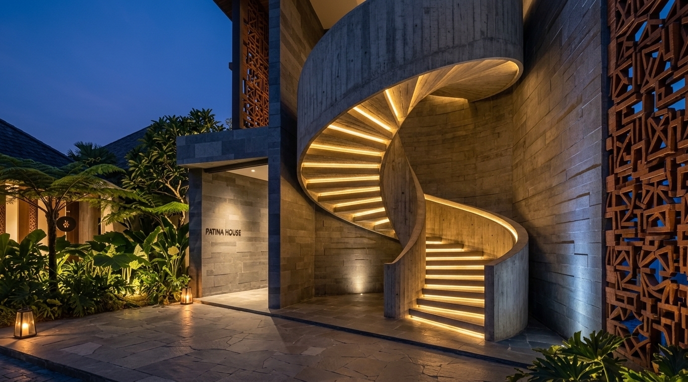 An incredibly lifelike, richly detailed, photorealistic low-angle architectural photo of a luxurious brutalist courtyard patio set in a lush tropical twilight environment. The scene is illuminated by warm, concealed strip lights tracing each step of a sculptural helical staircase and soft uplighting against the deep indigo dusk, creating an inviting, serene, and dramatic atmosphere. Captured with a professional wide-angle tilt-shift lens, emphasizing the raw board-formed concrete textures, smooth slate flagstone paving, and intricate rust-colored terracotta screen walls. To the side, an inviting entryway labeled "PATINA HOUSE" softly glows, juxtaposed against dense, softly lit fern landscaping and the sophisticated balance of dark gray concrete, black iron accents, and earthy terracotta tones.