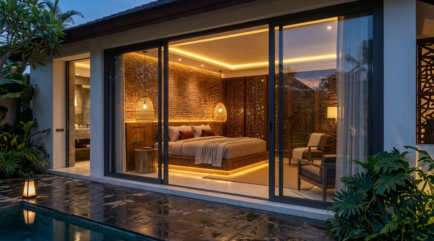 An incredibly lifelike, richly detailed, photorealistic exterior eye-level architectural shot of a serene mid-century modern luxury villa suite set in a lush tropical garden environment at twilight. The scene is illuminated by soft, warm golden interior cove lighting, woven pendant lamps casting organic geometric shadows, and a subtle outdoor lantern light, creating a tranquil, intimate, and sophisticated atmosphere. Captured with a wide-angle 35mm lens, emphasizing the tactile contrast between the exposed red brick feature wall, hand-carved teak bed frame, polished stone flooring, and sleek glass reflections. 

Floor-to-ceiling sliding glass doors frame an uncluttered, masterfully designed bedroom bathed in rich earth tones and warm oranges. The low-profile teak platform bed floats gracefully over a warm under-bed LED glow, layered with comfortable taupe bedding. To the side, retro-inspired walnut armchairs offer an inviting seating area beside a minimal floor lamp, while a polished tree-stump side table anchors the bedside. Outside, deep blue twilight wraps around the slate patio and calm pool edge, where dark tropical foliage softly frames the sleek linear architecture of this timeless retreat.