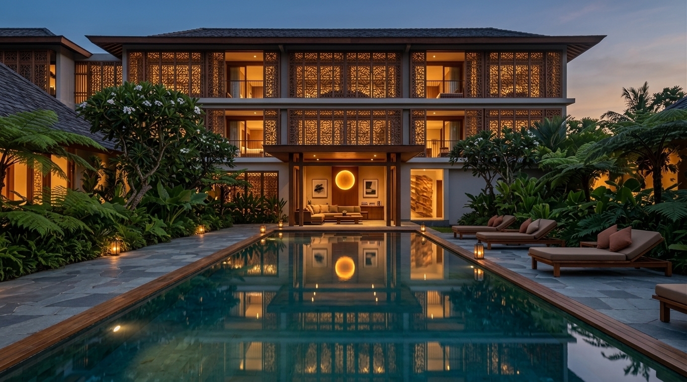 An incredibly lifelike, richly detailed, photorealistic wide-angle architectural photo of a sleek, multi-story mid-century modern workshop and luxury pavilion set in a serene, tropical botanical garden. The scene is illuminated by glowing warm amber interior lights and the deep, muted blues and soft oranges of a serene sunset sky, creating a deeply tranquil, iconic atmosphere. Captured with a professional wide-angle tilt-shift lens, emphasizing the intricate geometric wood latticework, polished slate paving, and smooth teak and walnut textures. The linear facade features dynamic carved wooden privacy screens that cast delicate shadows across clutter-free open-air lounges furnished with retro-inspired seating. A crystal-clear lap pool dominates the foreground, perfectly mirroring the glowing building, ambient lanterns, and lush indoor plants surrounding the perimeter. Subtle interior views reveal functional creative spaces with abstract wall art, photography books neatly arranged on low-profile teak tables, and minimalist, earth-toned decor that seamlessly blends timeless organic design with modern elegance.