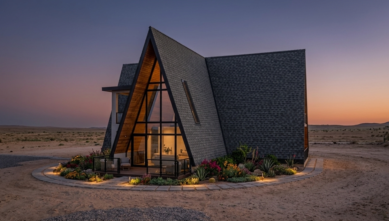 An incredibly lifelike, richly detailed, photorealistic low-angle exterior architectural shot of a modern A-frame residence set in a tranquil desert retreat. The scene is illuminated by soft, diffused ambient twilight lighting, creating a warm, peaceful, and luxurious atmosphere. Captured with a professional architectural camera equipped with a 24mm tilt-shift lens, emphasizing the rich natural grain of the wooden soffits, crisp charcoal roof shingles, and sleek matte black window and door frames, the home stands as a striking focal point. The grand triangular facade is dominated by floor-to-ceiling clear glass panels that reflect the ambient evening sky while offering a cozy glance into the softly glowing interior. At ground level, a dark wooden deck with glass railings flows outward into a beautifully manicured outdoor garden filled with vibrant native desert flowers, succulents, and lush plant beds. A curved flagstone pathway loops around the residence, subtly guided by warm, low-profile garden lights that cast a gentle radiance onto the pathways and flora. In the homestead background, open desert plains and gentle terrain meet a twilight sky, perfectly contrasting modern architectural precision with the wild, serene beauty of the desert context.