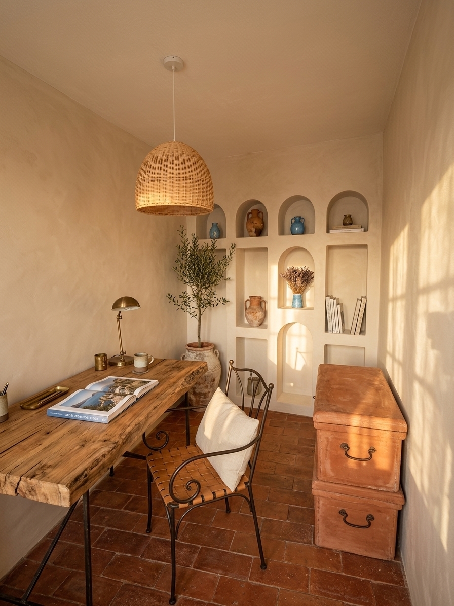 An incredibly lifelike, richly detailed, photorealistic wide-angle interior photo of a cozy home office set in a serene Mediterranean coastal retreat. The scene is illuminated by warm, golden late-afternoon sunlight pouring through an unseen window, creating a relaxed, sun-drenched, and deeply inviting atmosphere. Captured with a 24mm tilt-shift lens, emphasizing the tactile textures of lime-washed plaster, weathered wood grain, and hand-molded terracotta tiles.

### Spatial Composition & Layout
The narrow footprint of the room has been completely reimagined to feel open, harmonious, and intentionally curated, replacing former clutter with purposeful Mediterranean functional design. 

*   **Left Wall (Work Zone):** Positioned along the left wall is a substantial writing desk crafted from thick, rustic reclaimed olive wood with raw edges, supported by slender, hand-forged wrought iron legs. Resting at the desk is an elegant wrought-iron armchair featuring a woven tan leather seat and an off-white linen lumbar cushion.
*   **Back Focal Wall:** The old freestanding bookcase is replaced by a custom built-in plaster feature wall containing softly arched alcoves. These recessed niches serve as both storage and display, keeping the room visually airy while providing ample depth.
*   **Right Side:** The tall stack of storage containers has been removed, opening up the room completely. In its place stands a low, antique terracotta chest with iron handles, providing hidden storage while leaving the vertical space open and breathable.

### Color Palette & Textures
The room embraces an earthy, sun-baked color story:
*   **Dominant Tones:** Warm neutral alabaster plaster walls, rich burnt terracotta flooring, and honey-toned natural woods.
*   **Accent Colors:** Deep cobalt and Mediterranean sea blues appear in decor accents, balanced by dusty olive greens from living plants.
*   **Textures:** Rough-hewn lime-wash plaster, matte clay, pitted terracotta, smooth wrought iron, coarse woven jute, and crisp natural linen.

### Lighting & Atmosphere
Light is the primary design element in this space. Streams of low afternoon sun cut across the room, illuminating dust motes in the air and casting long, soft shadows that highlight the uneven texture of the plaster walls. Hanging from the high ceiling is a hand-woven rattan dome pendant light, which casts subtle, dappled light patterns across the upper walls as the evening sets in. The atmosphere feels breezy, peaceful, and quietly inspiring—a tranquil workspace designed for slow creative work.

### Furnishings & Decorative Details
*   **On the Desk:** An oversized hardcover photography book showcasing coastal Mediterranean landscapes lies open, displaying vivid imagery of turquoise waters and cliffside villages. Beside it sits an antique brass task lamp with a warm patina, a hand-thrown ceramic mug, and a brass pen tray.
*   **In the Arched Built-in Niches:** The alcoves are artfully organized with stacks of design and photography books, antique terracotta amphorae, small cerulean blue glazed ceramic vases, and small dried bouquets of sea lavender and wheat stalks.
*   **Wall Art:** Directly above the desk hangs a large framed fine-art photograph capturing a sunlit Mediterranean coastal cliffline, framed in a thin, matte-black wrought iron frame that mirrors the desk's hardware.
*   **Botanicals:** Tucked into the far corner near the back wall is a slender, potted olive tree growing inside a heavy, aged terracotta urn with a distressed, chalky finish.

### Design Integrity & Proportion
By utilizing built-in plaster alcoves on the rear wall, the design maximizes vertical storage without encroaching on the room's limited width. The warm terracotta floor tiles—laid in a classic running bond pattern—visually stretch the space forward. Every element is at human scale, grounded, and balanced: the thin profile of the wrought iron desk legs keeps the floor plane visible, making the small footprint feel twice as large, perfectly blending rustic Mediterranean charm with relaxed home-office functionality.