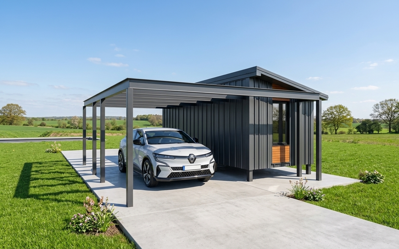An incredibly lifelike, richly detailed, photorealistic eye-level architectural photo of a modern compact cabin with an integrated carport set in a vibrant spring landscape. The scene is illuminated by bright, clear midday sunlight, creating a crisp contemporary elegance atmosphere. Captured with a professional 35mm tilt-shift lens, emphasizing the tactile vertical ridges of dark grey corrugated metal decking, rich warm wood accents, and clean steel geometry. Clad in sleek dark grey profile sheeting with a matching dark metallic frame, the gable end features a single black-framed window neatly framed above and below with warm horizontal wooden shiplap paneling. Beneath the dark grey metal carport, a lifelike modern white crossover sits parked on a clean concrete pad, its metallic paint catching vibrant reflections, realistic headlight details, and rich glossy textures. Surrounding the polished concrete driveway, lush green spring grass adds a lively, natural contrast under a bright, open sky.