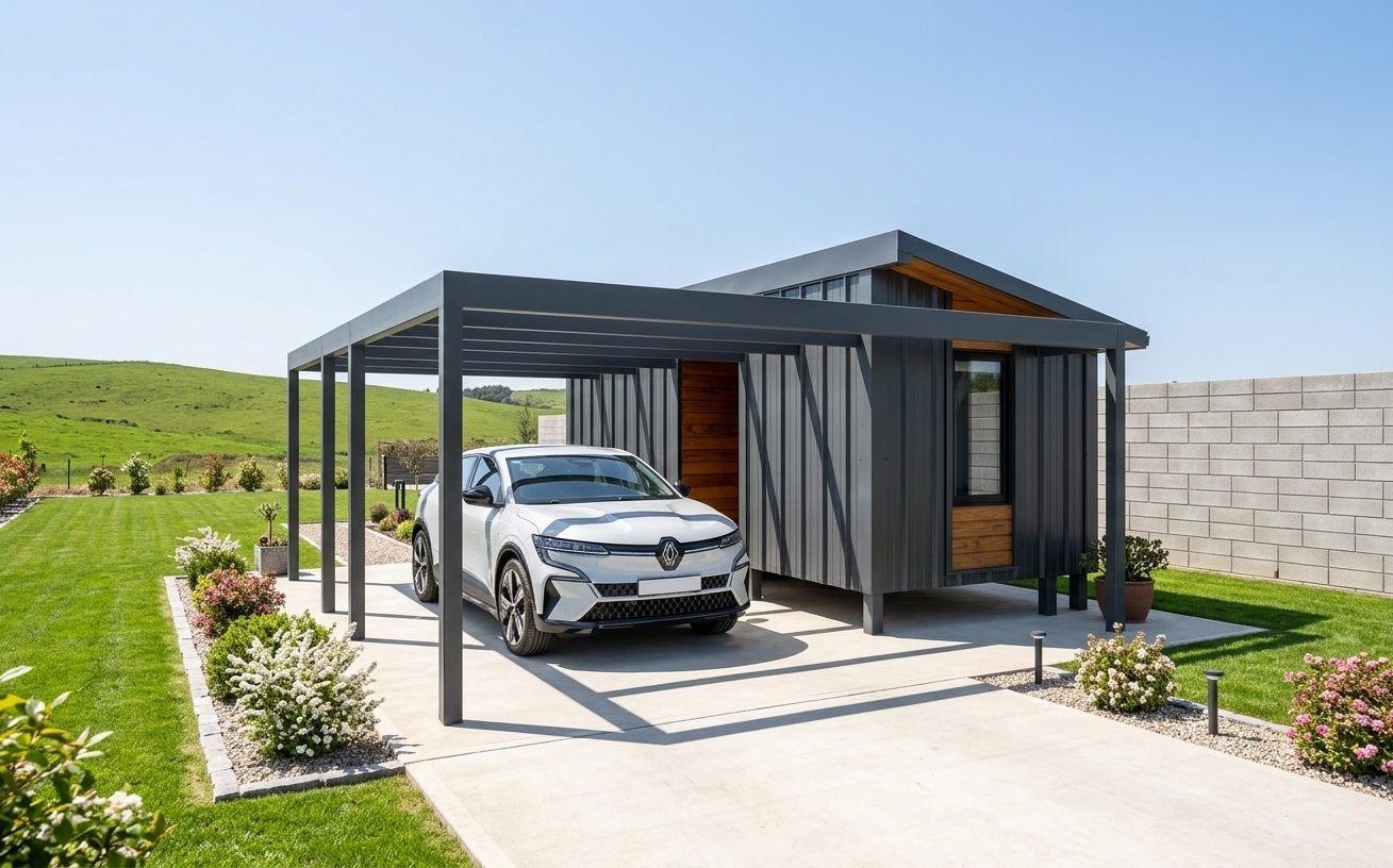 An incredibly lifelike, richly detailed, photorealistic eye-level exterior architectural photograph of a sleek, contemporary compact cabin with an integrated carport, set in a lush, professionally landscaped spring residential courtyard. The scene is illuminated by crisp, brilliant spring midday sunlight from directly overhead, creating a vibrant and refined atmosphere of contemporary elegance. Captured with a professional full-frame camera and a 35mm tilt-shift lens, emphasizing the tactile contrast between industrial metal siding and natural timber finishes. 

The structure is clad in matte dark grey corrugated metal sheeting (профнастил), neatly accented with warm, rich wooden lining (вагонка) placed thoughtfully directly above and below the sleek black-framed window and lining the cozy recessed mudroom entryway. Supported by a dark grey structural steel framework, the wide carport shades a stylish, realistic white crossover car featuring gleaming pearl paint, realistic reflections on its glass and chrome surfaces, intricate alloy wheels, and crisp LED headlights that bring the vehicle to life. Smooth, pale concrete paving runs beneath the vehicle, bounded by fresh, vibrant spring lawn, neatly edged gravel beds with blossoming seasonal shrubs, and a subtle stone border that grounds the home beautifully within its environment.