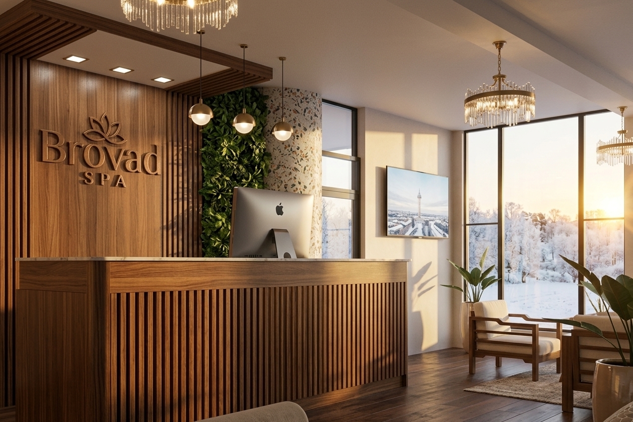 An incredibly lifelike, richly detailed, photorealistic wide-angle interior photograph of a modern fusion hotel lobby reception and spa entrance set in a serene winter environment. The scene is illuminated by the low-slung, golden-amber rays of a dramatic winter sunset filtering through tall floor-to-ceiling glass windows, creating a serene, luxurious, and warmly inviting atmosphere. Captured with a professional 24mm tilt-shift architectural lens, emphasizing the tactile contrast between rich slatted walnut timber, smooth white marble surfaces, and a vibrant green living plant wall. At the center, a custom reception counter featuring vertical wood fluting and a polished marble top anchors the space, set against a pristine feature wall showcasing an embossed bronze "Brovad SPA" lotus logo flanked by linear wood paneling and subtle neon accents. Three minimalist globe pendant lights hang at varying heights above the counter, while luxurious brushed-brass crystal fringe chandeliers suspend from dark overhead ceiling beams, scattering delicate reflections across the deep hardwood floors. In the adjacent waiting area, modern wood-frame armchairs with soft cream linen upholstery rest beside polished ceramic planters, creating a sophisticated sanctuary where the chilly, frost-dusted outdoor winter landscape seamlessly meets warm indoor modern elegance.