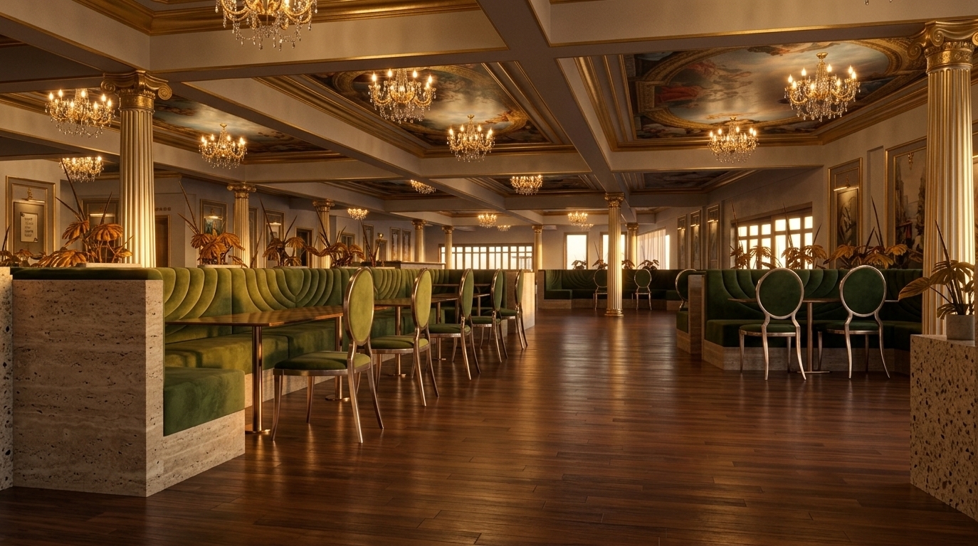 An incredibly lifelike, richly detailed, photorealistic wide-angle interior shot of an expansive luxury restaurant interior set in a refined urban establishment during a crisp autumn evening. The scene is illuminated by low-slung, golden sunset light filtering through distant floor-to-ceiling windows, casting long, soft shadows across the floor and blending effortlessly with the warm, radiant glow of crystal chandeliers, creating a cozy yet contemporary elegant atmosphere. Captured with a professional 24mm tilt-shift architectural lens, emphasizing the deep textures of moss-green ribbed velvet banquettes, polished walnut hardwood floors reflecting the ambient glow, and intricate gilded trim along the ceiling coffering. Classical Ionic columns adorned with gold accents frame the sprawling seating layout, while vibrant, neoclassical ceiling frescoes add artistic grandeur above. Sleek polished-metal chairs with circular backs provide a modern touch, complemented by lush indoor foliage that brings organic warmth into this richly tailored, sophisticated dining room.