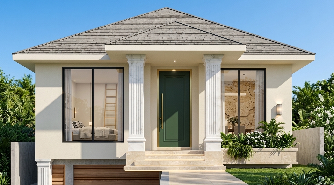 An incredibly lifelike, richly detailed, photorealistic front exterior architectural photo of a modern single-story residence with refined classical accents set in a serene bohemian oasis environment. The scene is illuminated by crisp, bright daytime sunlight casting clean diagonal shadows alongside subtle, warm floor-recessed up-lighting that softly grazes the base of the fluted columns, creating an inviting, luxurious, and peaceful atmosphere. Captured with a professional 35mm tilt-shift architectural lens, emphasizing the tactile textures of the cream-colored stucco facade, textured gray asphalt roof shingles, and polished stone entrance steps. At the focal point, a deep forest-green paneled front door features a long brass vertical handle, framed elegantly by two grand white fluted columns under a broad roof overhang. To the left, expansive black-framed sliding glass windows reveal a tastefully styled bedroom interior with soft bedding and an accent ladder, while to the right, large windows display an interior stone feature wall above a integrated stone planter box overflowing with lush tropical greenery and white blossoms. The home sits atop a manicured lawn sloping gently to one side, with a lower garage level tucked neatly beneath, all set against a flawless, brilliant blue sky.