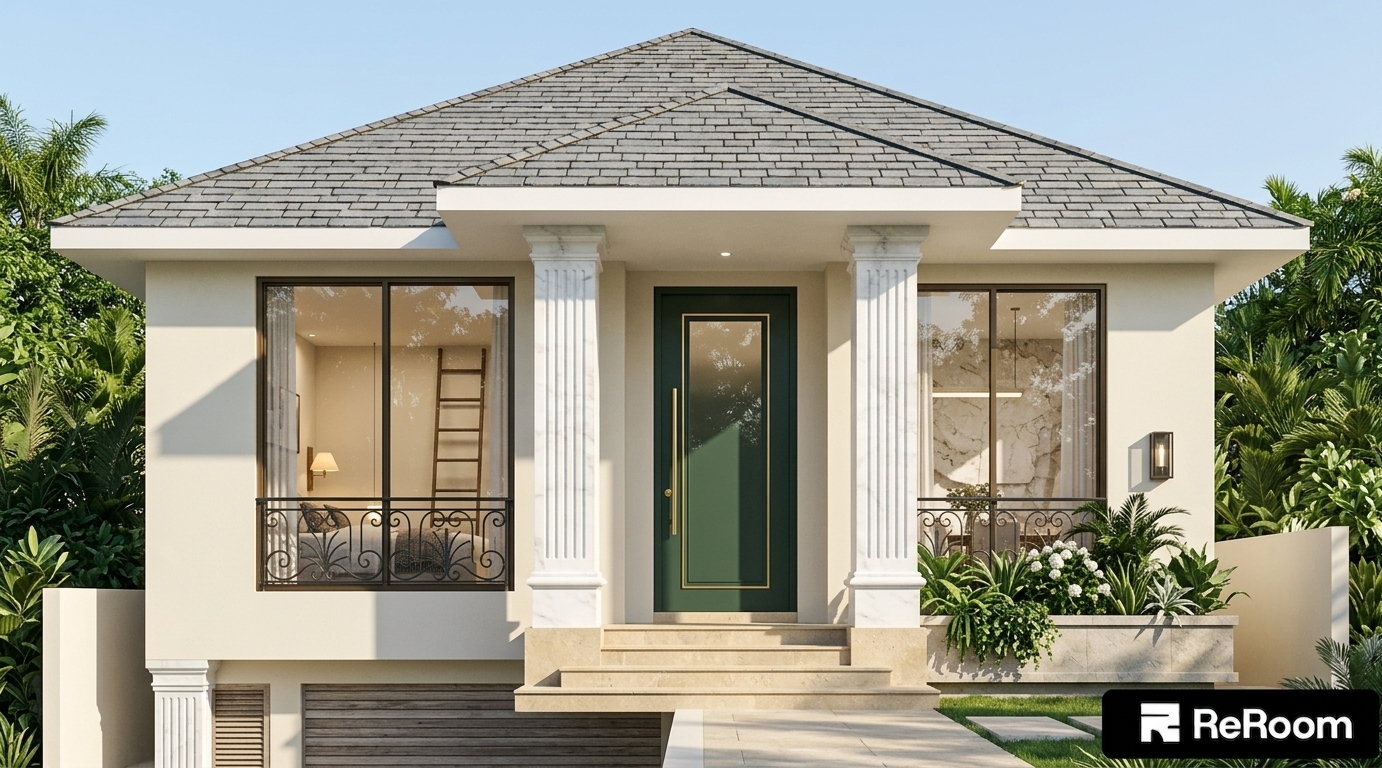 An incredibly lifelike, richly detailed, photorealistic eye-level exterior architectural photo of a charming French Country-inspired residence set in a sun-drenched, lushly landscaped property. The scene is illuminated by clear, bright morning sunlight, creating an inviting and serene atmosphere. Captured with a 35mm architectural tilt-shift lens, emphasizing the tactile textures of smooth creamy stucco walls, polished marble columns, and weathered roof tiles, the dwelling beautifully blends classical elegance with rustic warmth. Crowning the structure is a newly transformed roof composed of aged grey natural slate tiles that add timeless character, replacing the former shingles. At the center, twin fluted white marble columns frame an elevated porch where a deep forest-green door features an elegant glass panel center insert, glistening in the light and bounded by refined gold trim. Flanking the entrance, tall floor-to-ceiling windows are framed in sleek dark trim and outfitted with intricate 1-meter-high neoclassical wrought-iron decorative grilles across their base, adding architectural polish while revealing inviting, sunlit interior spaces. Lush stone planter boxes packed with vibrant tropical greenery and white blooms sit atop warm limestone steps, grounding the home harmoniously into its surrounding paradise.
