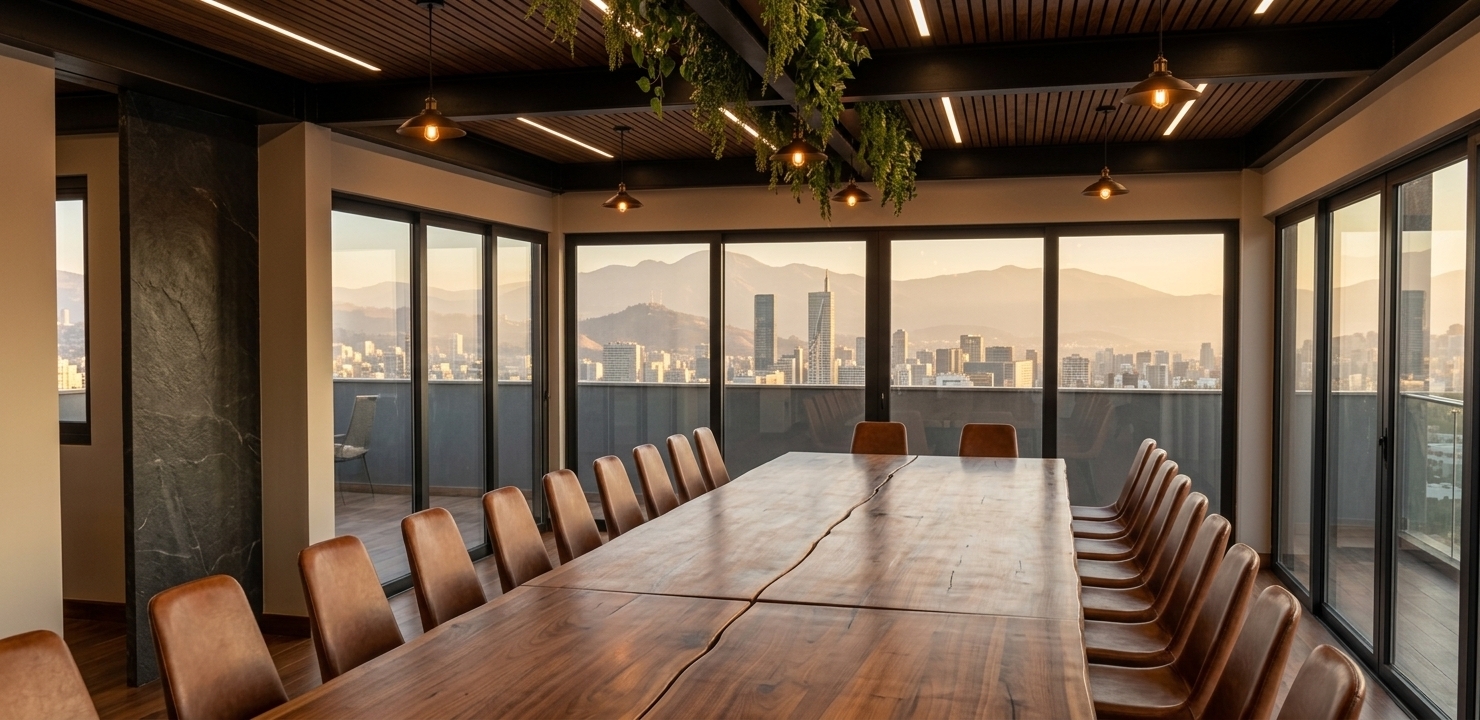 An incredibly lifelike, richly detailed, photorealistic wide-angle interior photo of an upscale industrial loft restaurant set in a penthouse high-rise overlooking a breathtaking city skyline at golden hour. The scene is illuminated by warm, ambient Edison-filament pendant lights suspended from refined steel beams and soft hidden cove lighting, creating an intimate, luxurious atmosphere. Captured with a 24mm f/2.8 architectural lens, emphasizing polished walnut textures, exposed patinated steel, and supple cognac leather. 

To dramatically elevate the raw industrial ceiling, the exposed corrugated metal decking is replaced with acoustic warm-toned walnut wood slats fitted seamlessly between dark matte-black steel I-beams, integrated with sleek recessed linear lighting and lush, cascading greenery that breathes life into the overhead structure. The original monolithic conference setup is reimagined into an inviting dining room layout, featuring custom live-edge walnut dining tables paired with mid-century black steel and cognac leather chairs. Floor-to-ceiling glass panel windows surround the perimeter, seamlessly framing the panoramic views of distant mountains and urban towers bathed in late-afternoon sunlight, striking a perfect balance between rugged structural character and refined culinary sophistication.