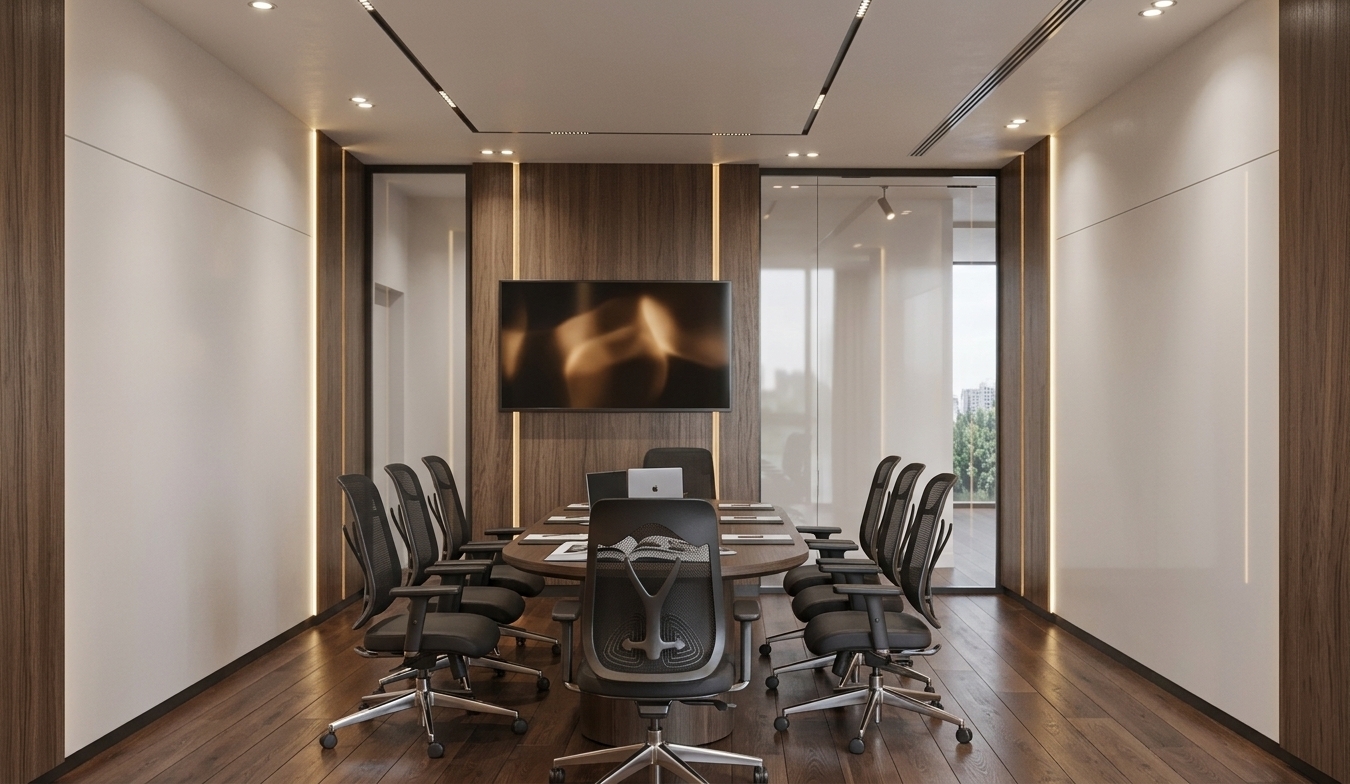 An incredibly lifelike, richly detailed, photorealistic wide-angle interior shot of a sophisticated executive meeting space within a contemporary home office set in an exclusive modern residence. The scene is illuminated by a subtle blend of ambient recessed ceiling spotlights, warm vertical LED accent strips, and soft diffused daylight from floor-to-ceiling glass partitions, creating an elegant, balanced, and light-filled atmosphere. Captured with a professional 35mm architectural lens, emphasizing the rich vertical grain of dark wood wall paneling, polished dark hardwood flooring, and tactile mesh ergonomic seating. The refined room embraces a soft palette of warm white, pearl, champagne, and muted gray tones across smooth plaster side walls, contrasting beautifully with deep timber paneling. Centered symmetrically, tailored upholstered executive chairs with slim metal accents surround a dark oval conference table subtly styled with an open photography book and sleek technology. Clean-lined architectural lighting channels in the ceiling and a wall-mounted display framed by glowing amber light strips reinforce the polished, understated sophistication of the environment.