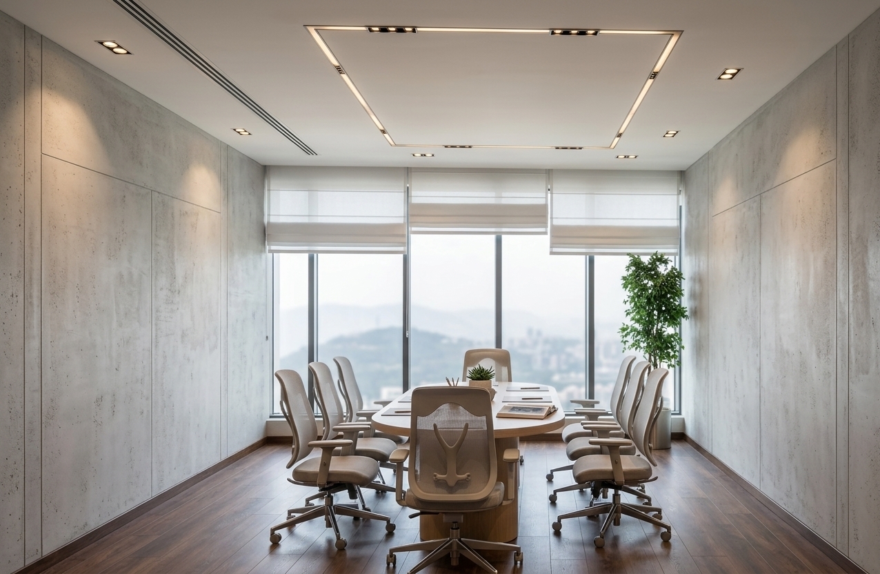 An incredibly lifelike, richly detailed, photorealistic wide-angle interior photograph of an executive home office conference suite set in a high-rise modern penthouse. The scene is illuminated by soft, diffuse daylight filtering through expansive panoramic windows paired with warm geometric recessed lights, creating a sophisticated and serene atmosphere. Captured with a 24mm tilt-shift lens, emphasizing the tactile concrete wall panels, rich dark wood flooring, and sleek metal accents, the room radiates contemporary elegance with its clean-lined, understated design. In the center, a dark timber oval table is surrounded by tailored executive chairs featuring slim metal accents and ergonomic mesh backs. The subtle color palette is composed of shades of warm white, pearl, champagne, and soft gray on the walls, perfectly balanced by dark wood trim framing the space. At the far end, crisp white Roman blinds frame a breathtaking view of distant hazy hills and city skyline, while curated decor—including an open photography book, a subtle desktop plant, and a tall indoor tree in the corner—adds a polished, light-filled, and thoughtfully curated touch to this refined workspace.