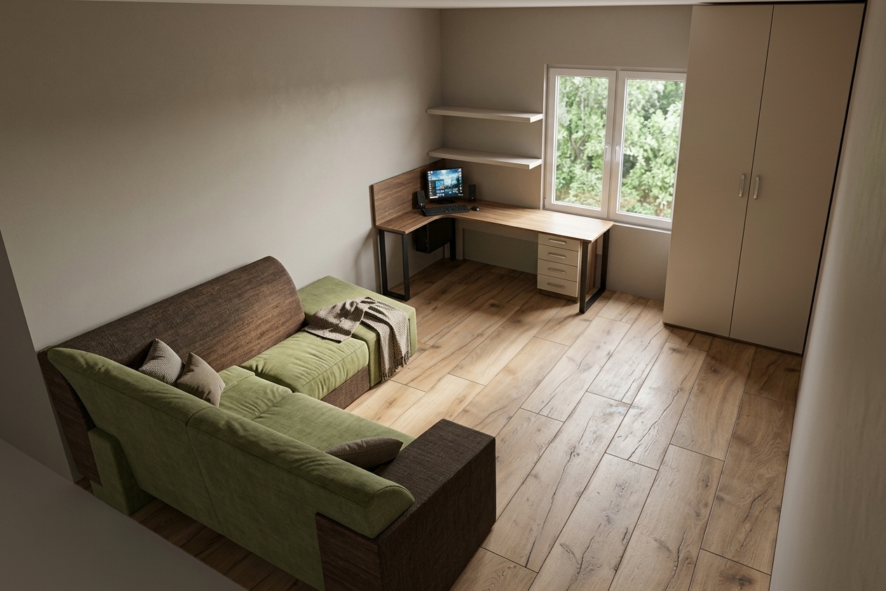 High-angle architectural interior photograph of a modern bedroom and home office, captured from the exact perspective and composition of the reference image. The walls are finished in a smooth matte cashmere-toned warm greige plaster. Soft daylight flows through the double-hung window, revealing a vivid outdoor view of lush green nature and trees, with faint realistic reflections appearing on the glass panes. To the right, a tall wardrobe features smooth cashmere-colored doors with slender metal handles catching light highlights. The L-shaped desk combines a warm, realistic natural wood grain countertop and matching wood-paneled side wall on the left with matte cashmere-toned drawer units and black metal legs, accommodating a detailed computer setup with speakers and keyboard. Above the workstation, two floating shelves match the sleek cashmere finish. In the foreground, the L-shaped sectional sofa displays woven fabric upholstery in olive green and dark brown with delicate cushion creasing and seam stitching. The floor is made of rich oak wood planks with natural grain patterns, bevel lines, and a soft satin sheen. The scene is bathed in natural diffused daylight, creating soft contact shadows, gentle vignetting in the room corners, and fine micro-textures on all surfaces for a realistic photograph.