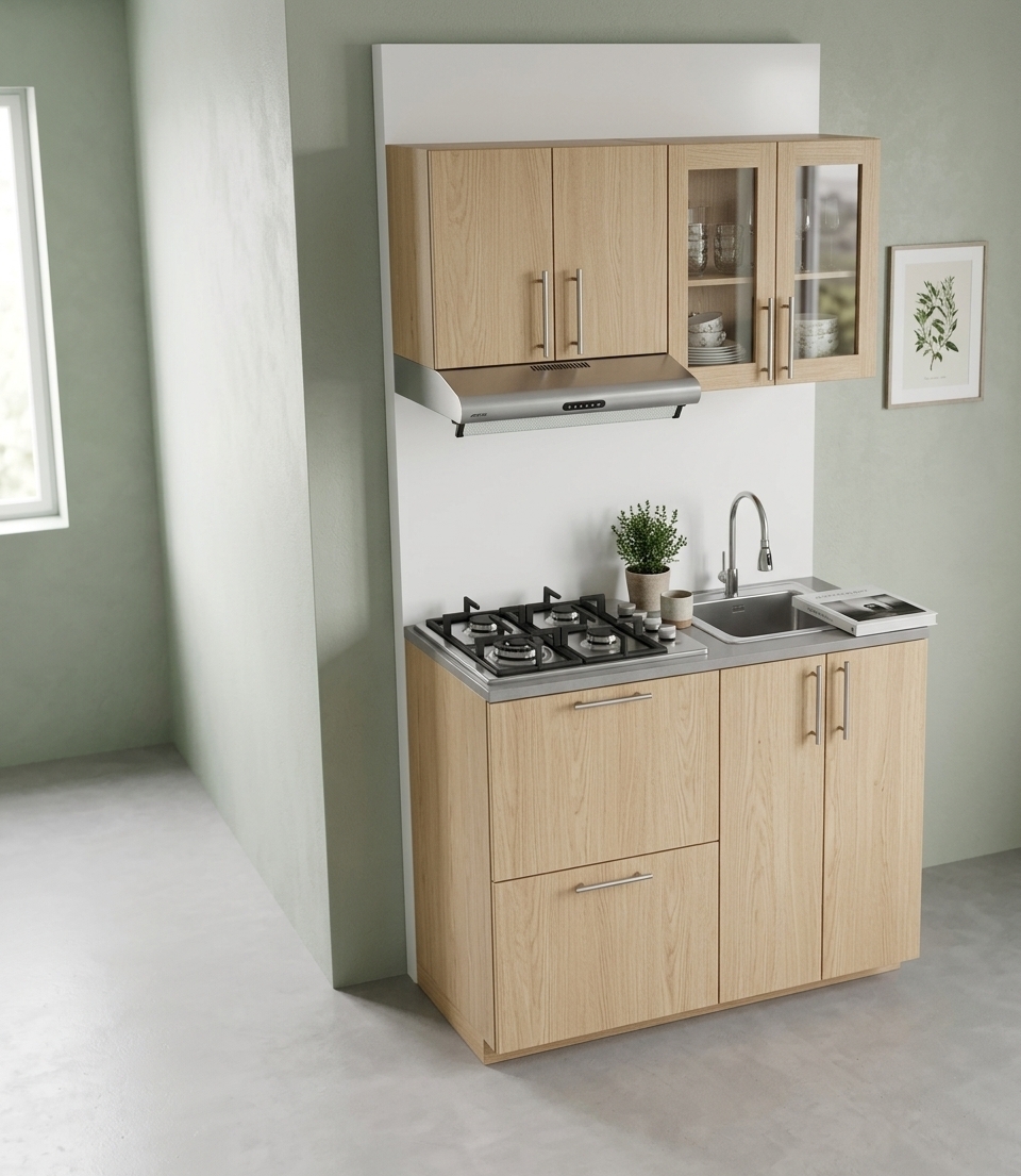 An incredibly lifelike, richly detailed, photorealistic medium shot of a compact kitchen kitchenette set in a serene Scandinavian sanctuary home. The scene is illuminated by soft, diffused morning daylight pouring in from adjacent large windows, creating a bright, tranquil, and hygienic atmosphere. Captured with a professional 35mm architectural camera lens, emphasizing the fine organic grain of light oak wood cabinetry, polished brushed metal handles, and delicate reflections on glass cabinet doors.

The minimalist kitchenette features warm, natural oak cabinetry accented by sleek, contemporary stainless steel bar pulls. The smooth grey countertop seamlessly integrates a modern four-burner gas cooktop with matte black cast-iron grates alongside an undermount stainless steel sink paired with an elegant gooseneck faucet. Above, a slim brushed-steel range hood sits under matching wall cabinets—one pair with solid oak fronts and the other with translucent glass paneling. Set against a pristine white backdrop complemented by subtle sage green accents, the space is enriched with organic touches, including a small potted herb plant by the sink, a curated photography book nearby, and delicate nature-inspired wall art that enhances the peaceful, hygge-inspired aesthetic.