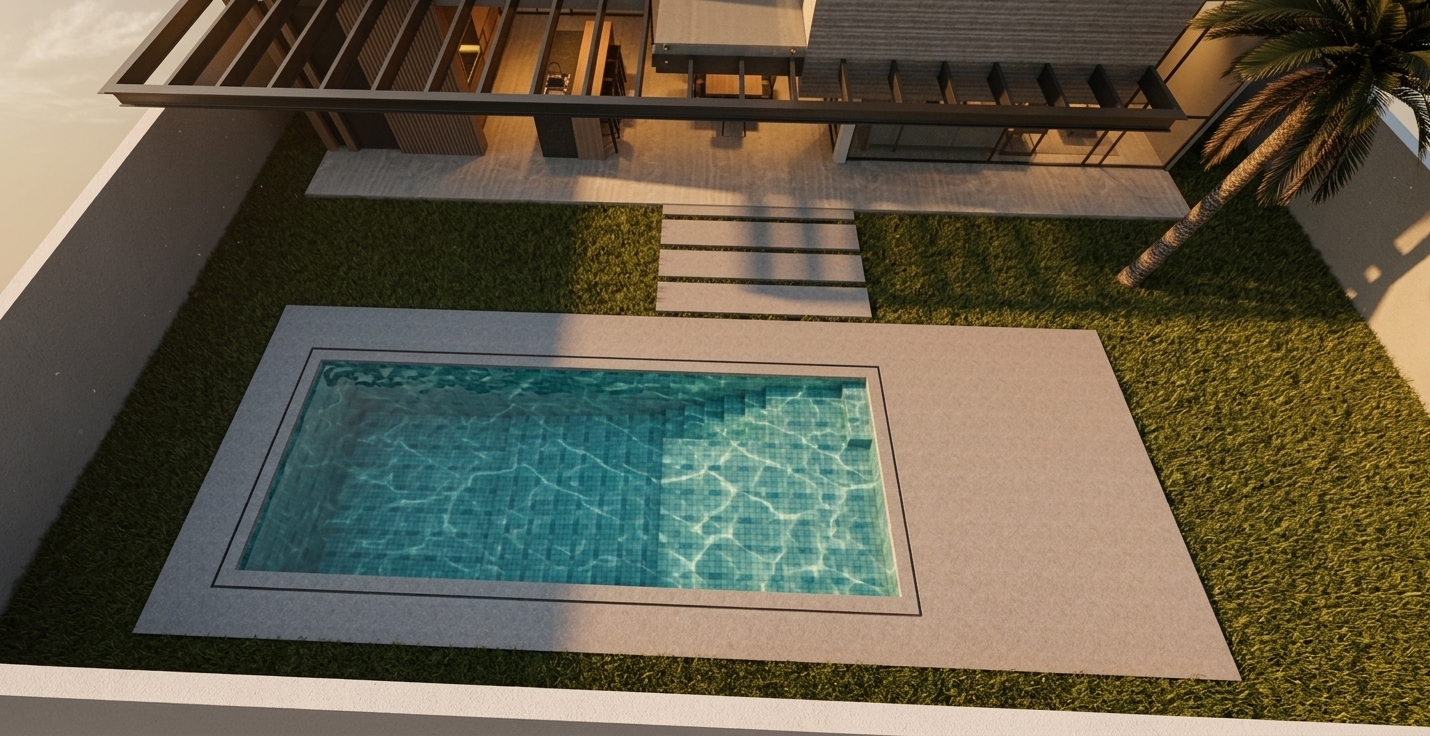 A high-angle architectural photograph of a modern backyard patio and swimming pool, lit by rich, warm golden hour sunlight that casts soft, elongated shadows across the lawn. The camera angle, perspective, and architectural geometry remain strictly unchanged from the original view. The rectangular swimming pool is filled with clear, gently rippling turquoise water, showing realistic light caustics refracting across the small blue mosaic tiles lining the interior pool floor and steps. The concrete deck surrounding the pool features subtle, natural surface imperfections, micro-textures, and fine tonal variations in its smooth grey finish. Surrounding the deck, the vibrant green lawn exhibits detailed individual grass blades catching the warm, low-angled light. Beneath the matte black steel beams of the modern house overhang, warm indoor lighting softly glows through the glass sliding doors, casting inviting highlights onto the outdoor dining and kitchen counter surfaces. On the right, the fronds of the palm tree gleam in the warm sun. The image possesses a film-like photographic quality with a subtle lens vignetting, faint warm atmospheric haze, crisp focus, and delicate surface reflections.