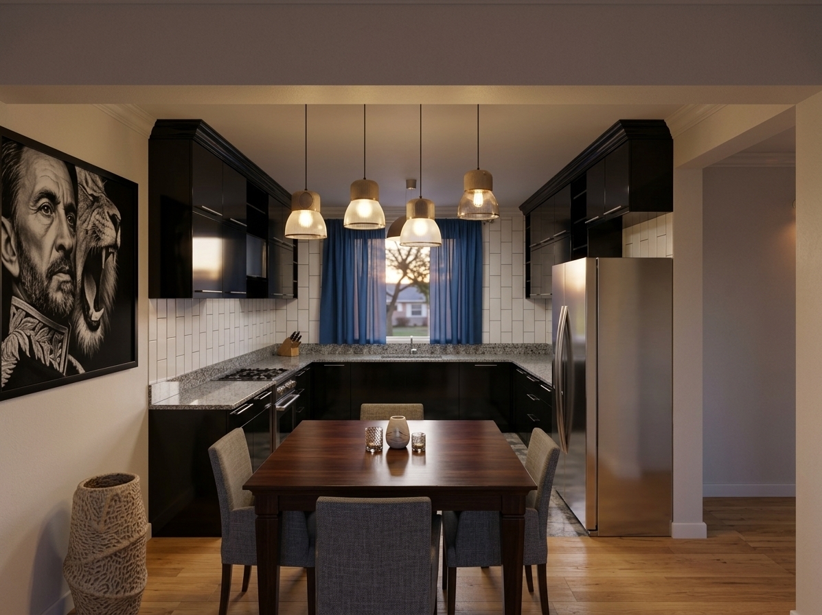 An incredibly lifelike, richly detailed, photorealistic eye-level wide shot of a sophisticated dining room seamlessly opening into a sleek contemporary kitchen set in an modern urban apartment. The scene is illuminated by the warm, golden hour glow of a low summer sunset filtering through rich blue drapes alongside soft, inviting light from ambient pendant fixtures, creating a refined and intimate atmosphere. Captured with a 35mm architectural prime lens, emphasizing the fine grain of polished dark wood, the tactile weave of grey upholstered dining chairs, and the reflective brilliance of salt-and-pepper granite countertops. In the foreground, a dark square dining table is surrounded by tailored fabric armchairs, positioned thoughtfully above warm light-oak floorboards. To the left, a bold framed portrait adds an artistic focal point above a textured, organic ceramic floor vase, while tasteful table decor enhances the lived-in elegance. Deep within the frame, the kitchen boasts glossy black upper and lower cabinetry, an ultra-clean vertical white subway tile backsplash, modern stainless steel appliances, and a window framing a softly blurred residential neighborhood bathed in late-afternoon twilight. Subtle ray-traced reflections on the dark polished surfaces and gentle contact shadows across the floor grant incredible depth and photographic authenticity to this chic contemporary space.
