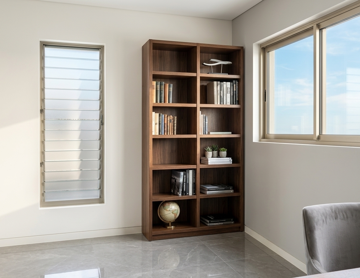 An incredibly lifelike, richly detailed, photorealistic interior wide-angle shot of a serene study room corner set in a luxury contemporary residence. The scene is illuminated by brilliant, natural midday summer daylight streaming through multi-paned windows, creating an airy, sophisticated atmosphere. Captured with a 35mm architectural lens, emphasizing natural walnut wood grain, polished stone surfaces, and delicate glass reflections...

The room radiates contemporary elegance with a refined color palette composed of shades of warm white, pearl, champagne, and soft gray. The vertical focal point of the space is a magnificent floor-to-ceiling double-column wooden bookcase crafted from rich dark timber with fine, visible wood grain. Its shelves are meticulously organized with a curated decor collection: classic hardcover volumes intermingled with heavy photography books, a textured terrestrial globe sitting elegantly on the lower shelf, small potted succulents resting upon a stack of art catalogs, and a sleek, sculptural lighting fixture crowning the upper tier.

To the left, a traditional vertical jalousie window featuring frosted slatted louvers in thin metallic casings diffuses the harsh exterior glare, casting soft, striped shadows across the warm white plaster wall. On the right wall, a large contemporary sliding glass window framed in slim champagne-finish metal opens up the room to the radiant daylight, reflecting the calm azure tones of the summer sky. 

Below, the floor features seamless polished gray stone surfaces that pick up subtle reflections from the surrounding natural light. Just beyond the frame, tailored upholstered furniture in a plush, soft gray fabric provides a quiet sense of comfort. The subtle interplay of light, shadow, crisp geometrical lines, and understated textures leaves the space feeling perfectly balanced, calm, and exquisitely light-filled.
