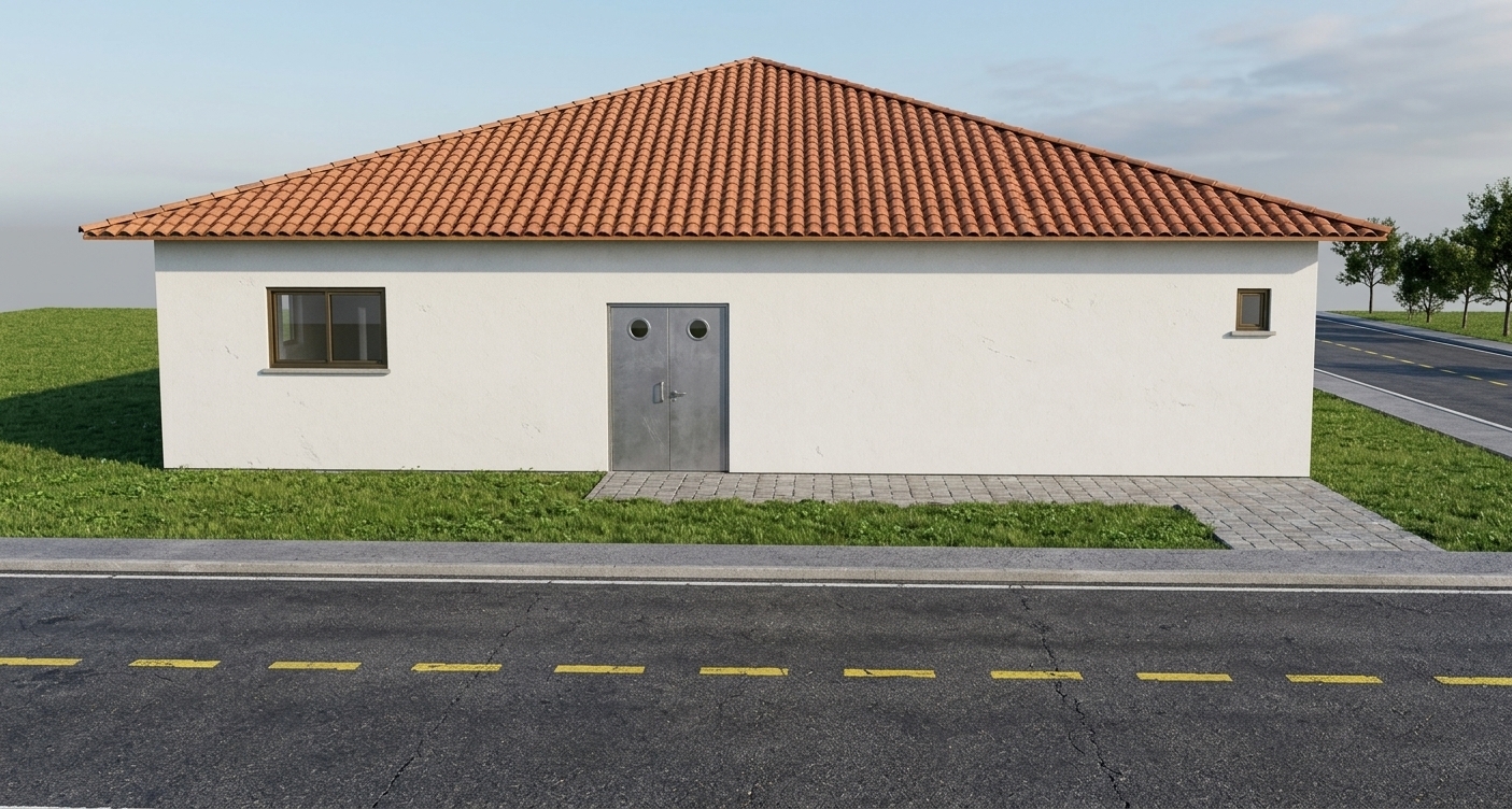 A wide-angle, eye-level daylight photograph of the single-story building captured under the bright, direct sun of a summer midday. The hip roof features textured terracotta clay tiles with realistic variations in tone and subtle weathering along the edges. High-overhead sunshine casts crisp, short shadows beneath the roof overhang onto the matte white stucco facade, emphasizing its fine plaster micro-texture. The brushed-metal grey double doors display faint satin reflections and subtle brushed grain, while the porthole glass and the dark-framed windows show realistic, soft reflections of the bright summer sky. The stone paver walkway leading to the entrance has natural ground joints and slight surface variations. Surrounding the home, the lush green grass has individual blade detail, subtle patch variations, and realistic texture along the concrete curb. In the immediate foreground, the dark asphalt street reveals realistic aggregate grain, micro-cracks, and slightly worn, vibrant yellow lane markings, captured with a sharp depth of field, natural contrast, and true-to-life architectural photography clarity.