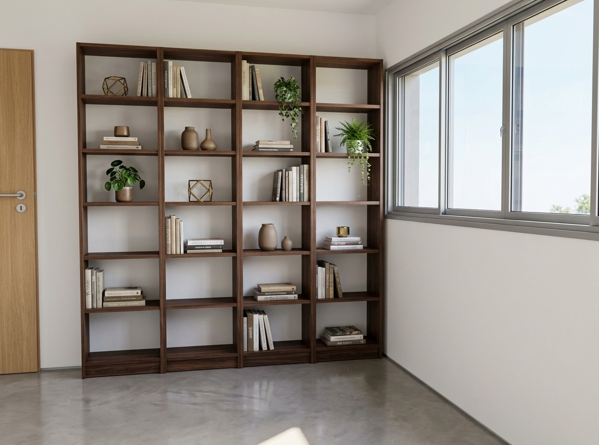 An incredibly lifelike, richly detailed, photorealistic wide-angle interior photograph of a modern home office corner set in a bright, contemporary residence. The scene is illuminated by brilliant midday summer daylight filtering through a large, aluminum-framed sliding window, creating a serene, productive, and sophisticated atmosphere. Captured with a 35mm architectural lens, emphasizing the rich walnut wood grain, clean geometric lines, and subtle reflections across the smooth microcement floor. Standing prominently against the crisp white wall is a expansive four-bay floor-to-ceiling bookcase in deep dark walnut, elegantly filled with curated collections of hardcover art books, minimal ceramic vases, geometric brass sculptures, and small potted indoor plants with delicate greenery cascading down the shelves. To the left, a light oak door featuring sleek stainless steel hardware provides a warm, natural accent, while the glass window panes catch faint reflections of the clear summer sky outside, completing a scene of refined contemporary elegance.