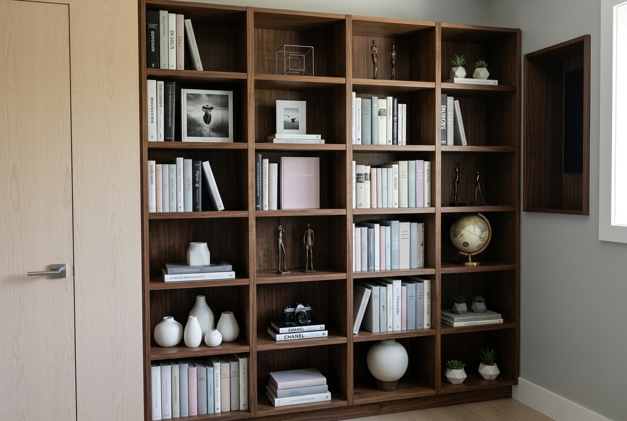 An incredibly lifelike, richly detailed, photorealistic eye-level interior photo of a refined home office library set in a minimalist haven. The scene is illuminated by soft, natural summer daylight streaming through an adjacent window, creating a serene, peaceful, and intellectually inspiring atmosphere. Captured with a professional 35mm prime lens, emphasizing the rich grain of dark walnut wood, matte porcelain ceramics, and subtle brushed metal textures.

To the left, a light birch door showcases a smooth, natural grain finish with a sleek, brushed stainless steel lever handle. Dominating the center wall is a tall, four-bay custom bookcase built from rich dark walnut, offering a functional and streamlined display of curated literature and art pieces. 

The shelves are meticulously arranged with an assortment of monochromatic and subtle pastel-bound hardcovers, including oversized photography books, classic literature, and design volumes. Thoughtfully interspersed among the books are minimal decor elements: a cluster of smooth matte white ceramic vases, a delicate geometric wireframe cube sculpture, slender abstract bronze figurines, and a vintage black-and-silver camera perched atop a stack of Chanel design books. A classic desk globe with a metallic brass arm adds a touch of timeless sophistication, while tiny potted succulents in geometric planters lend a splash of fresh green to the clutter-free, Zen-inspired arrangement.

To the right, a clean-lined window frame catches bright midday light, casting soft, soft-edged shadows across the subtle gray wall and highlighting the depth, perspective, and elegant craftsmanship of this beautifully organized architectural space.