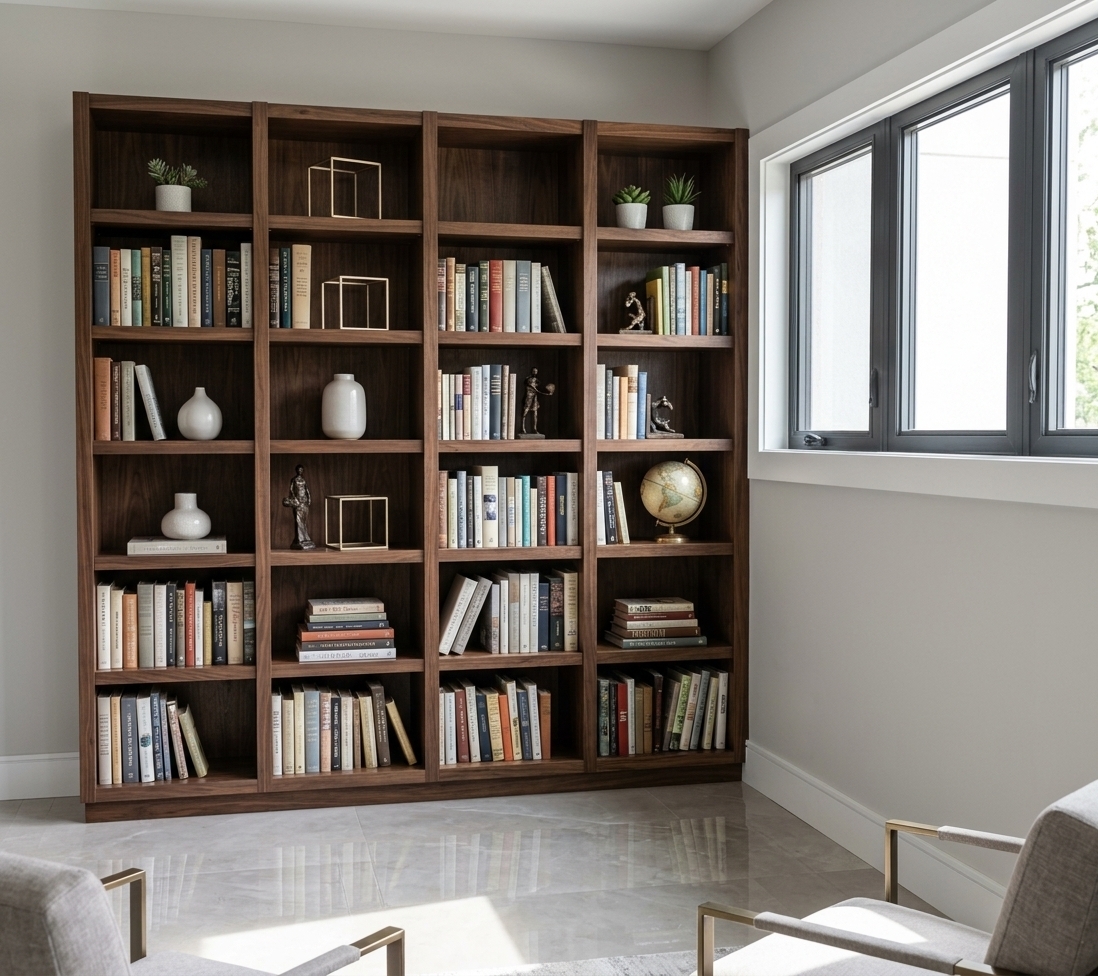 An incredibly lifelike, richly detailed, photorealistic interior photo of a home office library corner set in a contemporary residence. The scene is illuminated by bright, light-filled midday summer sun filtering through a large sliding window, creating an airy, refined atmosphere. Captured with a 35mm lens, emphasizing the rich grain of dark walnut shelving, tactile paper book spines, and delicate brass accents...

The focal point of the composition is a majestic four-bay floor-to-ceiling wooden bookcase in a deep espresso finish. Designed with clean lines and understated sophistication, the custom built-in unit is meticulously organized with an extensive collection of hardcover literature, color-coordinated book spines, and oversized luxury photography books stacked neatly on lower shelves. 

Integrated throughout the shelving are carefully curated decorative objects: matte pearl ceramic vases resting in clusters, a delicate wire geometric cube in brushed champagne metal, elegant abstract bronze figurines, and a polished vintage tabletop globe. On the upper shelf, small potted succulents add a touch of fresh greenery, while stylized sculptural accents on dark plinths provide an artistic, gallery-like feel.

To the right, a large sliding window with slim, charcoal-toned frames allows brilliant summer light to flood the room. The natural light washes across adjacent walls painted in a soft gray-pearl hue, casting precise, realistic soft shadows onto the floor. Smooth, polished stone flooring reflects the gentle ambient glow, echoing the home's contemporary elegance. 

In the surrounding space, subtle hints of tailored upholstered furniture and slim metal accents complete the room, bringing a perfectly balanced, sophisticated modern aesthetic to this quiet reading retreat.