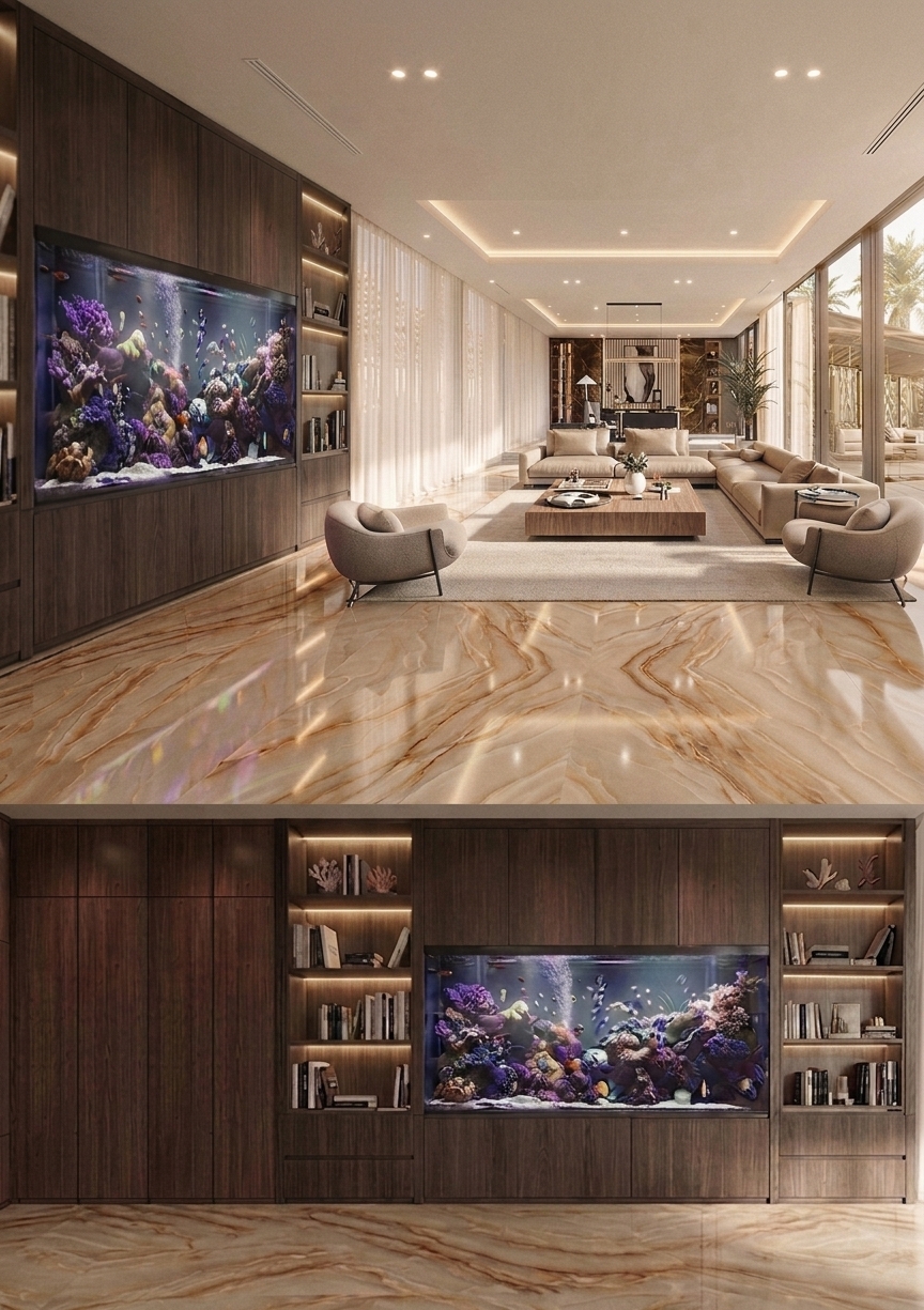 A photorealistic architectural photograph capturing this modern luxury interior bathed in bright, warm summer midday sunlight, preserving the exact geometry, composition, camera angle, and structural layout of the scene. High-angle, clear 5500K daylight streams through the floor-to-ceiling glass doors, softened by delicate sheer curtains that cast gentle, luminous shadows across the room. The polished brown onyx floor exhibits intense glossy reflections of the surroundings with natural micro-surface imperfections like subtle swirl marks and faint dust specks visible at low grazing angles. The dark walnut millwork shows realistic open-pore wood grain and matte finish variations. The integrated marine aquarium sparkles naturally, with internal caustics, glowing blue-purple actinic light, floating micro-bubbles, and refractive glass distortion where water meets the frame. Soft linen upholstery on the beige armchairs and plush sofas exhibits real-world tactile depth with subtle creases and fabric texture. Shot on a professional full-frame camera with architectural tilt-shift lens precision, incorporating mild natural vignetting, faint optical grain, and realistic light falloff for an authentic, unrendered photographic finish.