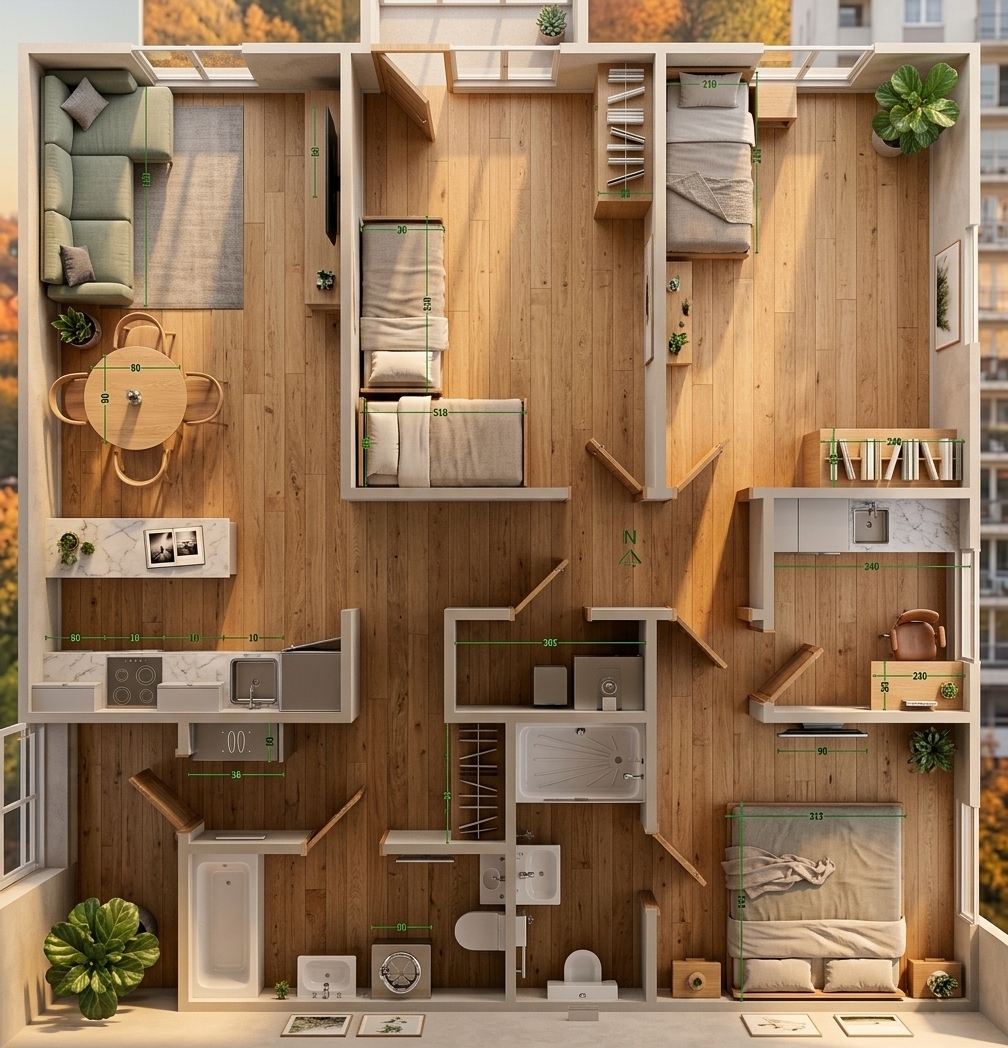 An incredibly lifelike, richly detailed, photorealistic wide architectural interior shot of a modern living room and open-plan layout set in an autumn residential apartment floorplan. The scene is illuminated by the warm, golden light of a late autumn sunset streaming through expansive windows, creating a serene, hygge-inspired atmosphere. Captured with a 24mm architectural tilt-shift lens, emphasizing the natural wood grain flooring, soft plush fabrics, and clean minimalist lines. In the living room area, a comfortable L-shaped sofa draped with soft sage-green and gray cushions faces a sleek wall-mounted television, accompanied by a round light-oak dining table surrounded by curved wooden chairs. A open-concept kitchen with crisp white and light-gray finishes features clean countertops and metallic fixtures, while a framed photography book rests gracefully on a low coffee table near nature-inspired wall art. The harmonious layout extends into serene bedroom and bathroom spaces, bathed in tranquil amber sunlight and subtle indoor greenery.