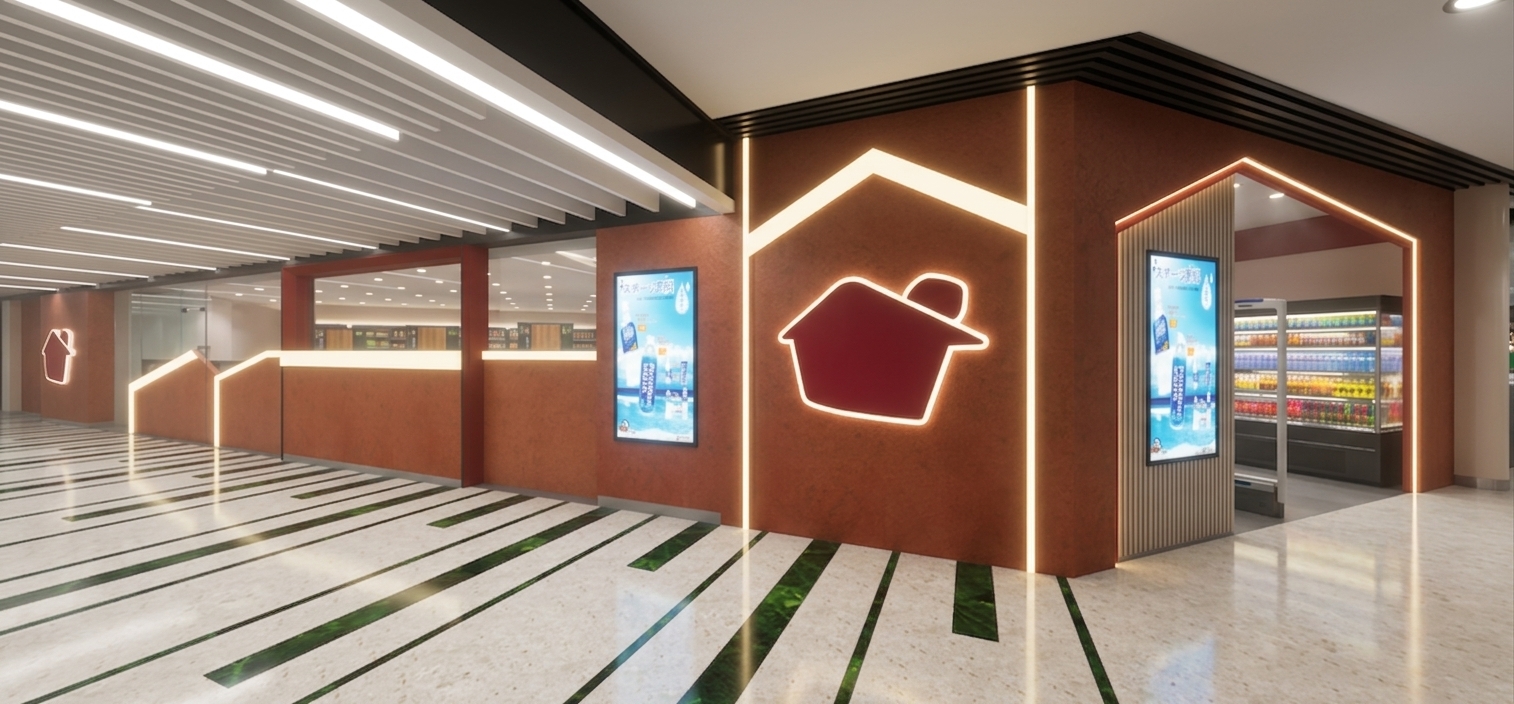 A professional commercial architectural photograph of the store interior, perfectly preserving the exact geometry, camera perspective, layout, and structural details of the input image. The scene is illuminated by crisp, clean neutral-to-cool white lighting from the recessed slatted ceiling fixtures, which emit a natural, realistic glow with subtle lens haloing. The two red house-shaped logo emblems feature luminous, soft-glowing white borders that softly illuminate the surrounding textured terracotta stucco walls. The house-shaped entrance frame is lined with concealed LED strip lighting that casts a soft, elegant edge-glow into the surrounding doorway trim. The promotional posters function as vibrant illuminated backlit lightboxes, casting smooth light reflections onto adjacent wall panels. The slatted terrazzo floor with green marble inlay features glossy surface reflections, soft ambient occlusion shadows beneath the walls and refrigerated display units, and subtle specular highlights. Inside the store, the illuminated beverage coolers exhibit realistic reflections on glass doors, crisp highlights on individual plastic bottle caps and aluminum cans, and polished metallic sheen on stainless steel frames, creating a realistic, high-end commercial interior visualization captured on a tilt-shift camera lens with fine grain and subtle vignetting.