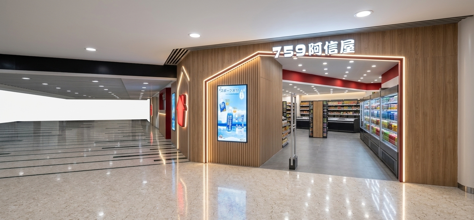 A professional, wide-angle architectural interior photograph capturing this exact retail store facade with absolute fidelity to the original camera angle, composition, structural layout, and geometry. The overall ambiance is lit by crisp, high-CRI cool-white commercial lighting layered with warm recessed ceiling downlights that produce visible luminous halos and gentle bloom. The house-shaped timber-slatted entryway incorporates a subtle, continuous LED strip along its inner perimeter, casting a soft accent glow onto the surrounding surfaces, while all advertising posters and the house logo emblem operate as fully backlit, evenly illuminated lightboxes with distinct glowing white rims. The polished terrazzo hall floor exhibits realistic glossy physics with soft, diffuse reflections of the brightly lit store interior and overhead fixtures. Rich material textures are captured throughout, including the fine grain of the warm orange textured plaster, brushed metallic frames on the glass refrigerator doors, and realistic specular highlights along rows of neatly stocked product packaging on shelves. Shot on a 24mm tilt-shift architectural lens, the photograph features perfectly straight vertical lines, realistic ambient occlusion in corners and beneath shelving, smooth shadow falloff, and balanced high-dynamic-range exposure suitable for a premium commercial design presentation.