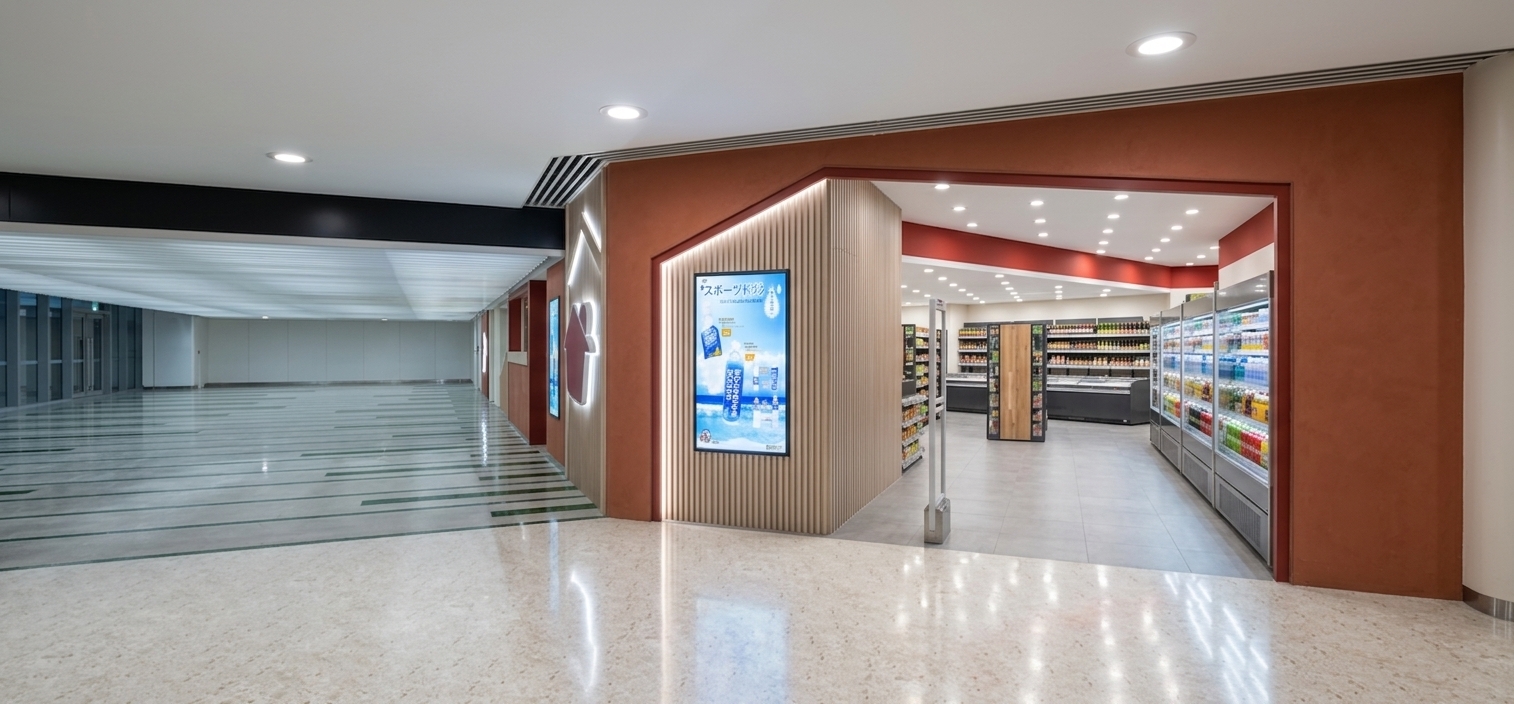 A professional, high-end architectural interior photograph of this retail shopfront captured from the exact same wide-angle camera perspective and composition. The entire space is illuminated by a bright, clean commercial lighting setup featuring a neutral-to-cool white color temperature around 4000K, filling the hallway and store interior with balanced light. The recessed ceiling downlights glow realistically with soft physical bloom and gentle volumetric halos across the ceiling plane. Concealed white LED strip lights are embedded behind the wood-slatted house-shaped entrance frame, casting a soft, diffuse cove glow onto the inner jambs. The sports drink wall poster and the house-shaped logo sign—specifically along its white illuminated outline—function as vibrant backlit lightboxes, projecting a subtle spill of light onto the textured matte terracotta plaster walls. Inside the store, bright overhead ceiling lights cast realistic multi-directional shadows beneath the display shelves and generate sharp specular highlights on packaged products and glass chiller doors. The polished speckled floor in the forecourt softly reflects the overhead fixtures and store entry with gentle glossy sheen, while brushed metallic security gates and refrigerator frames exhibit detailed anisotropic reflections, completing a realistic, beautifully rendered interior design presentation photograph.
