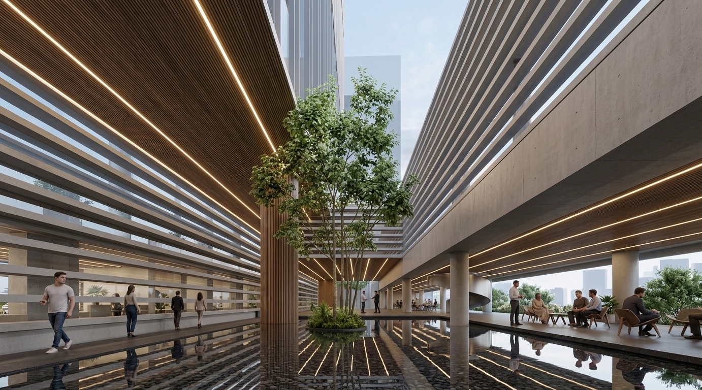 An incredibly lifelike, richly detailed, photorealistic low-angle wide shot of a grand modern office atrium and outdoor garden plaza set in a serene, urban minimalist haven. The scene is illuminated by gentle, clear daylight filtering from the open sky combined with warm, linear LED strip lights embedded along horizontal louvers, creating a tranquil, sophisticated, and harmonious atmosphere. Captured with a professional wide-angle architectural lens with deep depth of field, emphasizing the crisp reflections across the dark water pool, rich slatted wood ceiling soffits, and smooth matte-finished concrete surfaces. 

At the heart of the space, a sleek, reflective water feature filled with dark polished pebbles acts as a natural mirror, capturing bright highlights and architectural rhythms from above. A delicate multi-stemmed tree grows gracefully out of a central planter island, bringing organic life into the clean, geometric structure. To the sides, polished travertine walkways accommodate professional loungers and casually dressed figures engaged in conversation, while a sculpted metallic spiral staircase anchors the far background. The seamless interplay between warm wooden finishes, structural louvers, and open-air elements reflects a masterclass in biophilic design and modern workspace luxury.