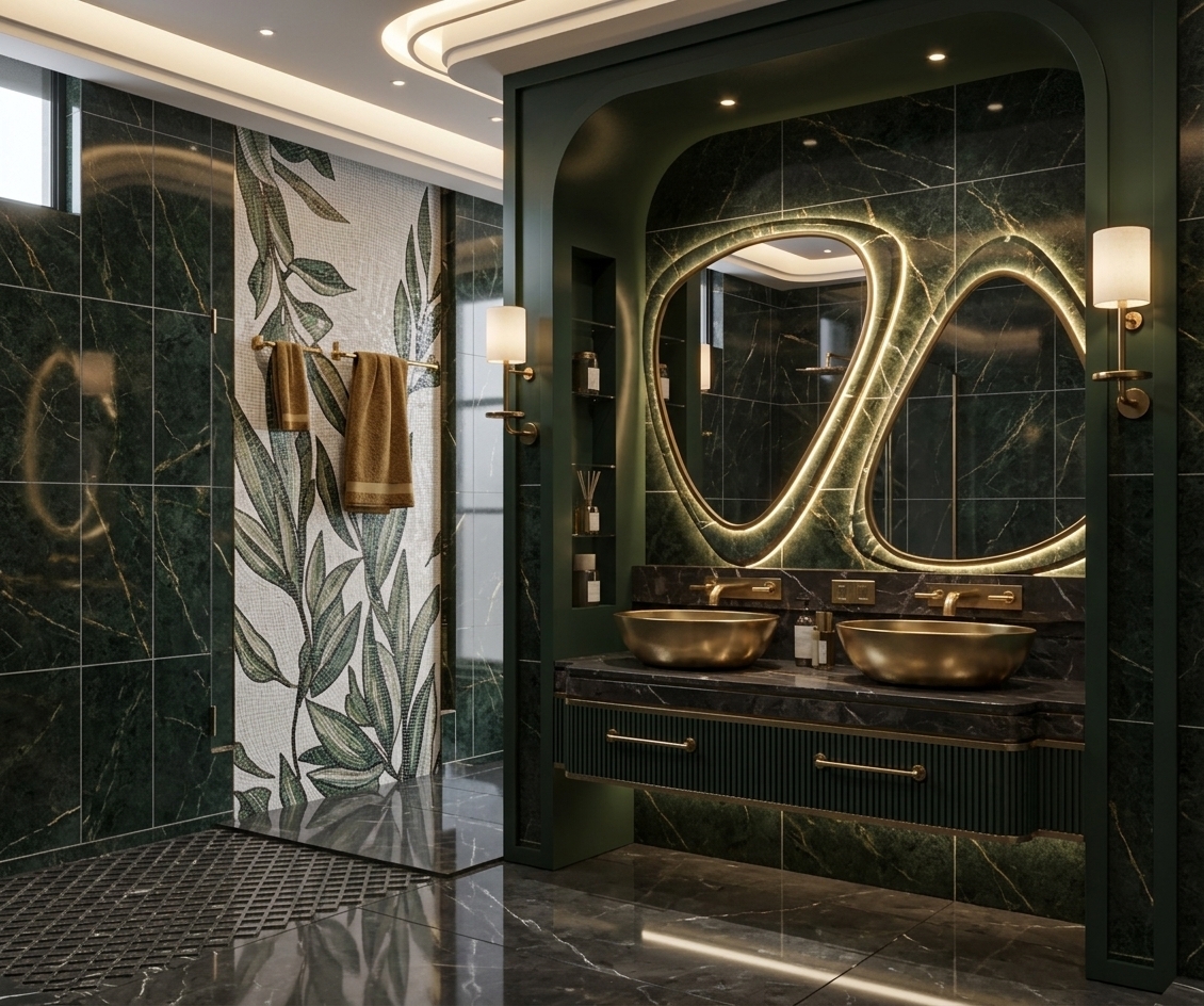 An incredibly lifelike, richly detailed, photorealistic wide-angle eye-level interior photo of a grand bathroom set in a high-end luxury residence. The scene is illuminated by soft cove ceiling lighting, warm halo LED backlighting around the asymmetrical mirrors, and delicate wall sconces, creating a moody, tranquil, and deeply glamorous atmosphere. Captured with a 24mm architectural lens, emphasizing realistic glossy tile reflections, tactile fluted woodwork, and metallic finishes.

The space radiates Art Deco glamour, featuring dark forest-green marble wall tiles laid in a precise 300mm x 600mm grid, displaying intricate gold and white veining that catches glistening ambient light. The floor is lined with large, high-gloss 600mm x 600mm charcoal marble tiles showcasing mirror-like surface reflections, adjacent to a textured diamond-lattice shower floor threshold. Anchoring the focal wall is a custom dark green recessed arch framing two smooth, organic leaf-shaped vanity mirrors with softly glowing backlit edges. Below, twin brushed gold vessel sinks rest upon a dark polished marble countertop above a floating fluted cabinet with gold pull handles. A vertical botanical mosaic tile mural brings a subtle natural flourish to the background, while all accessories, sconce mountings, and towel bars shine in polished, refined gold, bringing unparalleled luxury and depth to this modern sanctuary.