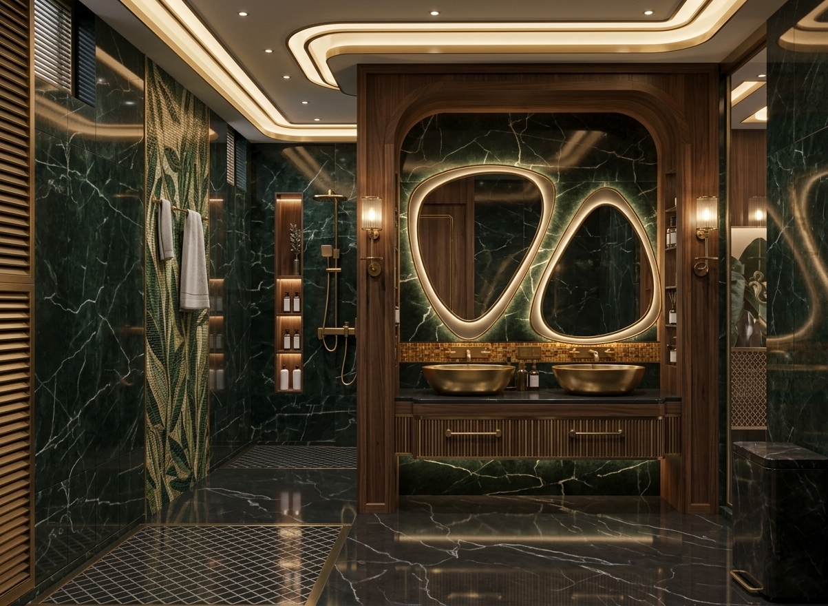 An incredibly lifelike, richly detailed, photorealistic wide-angle interior shot of an opulent Art Deco glamour bathroom suite set in a high-end luxury residence. The scene is illuminated by warm, layered accent lighting, soft recessed ceiling coves, glowing backlit organic mirrors, and classic brushed brass sconces, creating a moody, sophisticated, and tranquil atmosphere. Captured with a 24mm architectural lens, emphasizing the high-gloss polished surfaces, rich metallic finishes, and intricate tile patterns...

The walls are clad in polished 300mm x 600mm dark emerald green marble tiles featuring dramatic veining that softly reflects the glowing ambient lights, complemented by a striking botanical leaf feature wall. Below, polished 600mm x 600mm dark charcoal floor tiles feature highly realistic, mirror-like reflections and a detailed geometric inlay section. At the heart of the space, a grand arched portal frame houses a fluted dark vanity with floating dual metallic gold vessel sinks, complete with an amber mosaic tile backsplash and back-lit asymmetrical pebble mirrors framed in warm brass. Every fixture and accessory throughout the sanctuary—from the wall-mounted vanity faucets and towel racks to the recessed shower controls—gleams in brushed gold, delivering an uncompromised level of Art Deco elegance and photorealistic architectural drama.