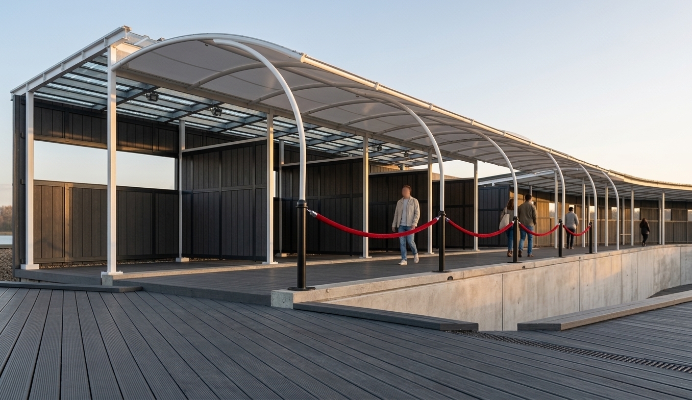 A real architectural photograph of the modern outdoor walkway pavilion during a crisp spring sunset, maintaining the exact perspective, framing, and geometry of the original image. Low-angled golden sunset light streams through the structure, casting long, soft shadows across the dark composite deck planks and illuminating the taut, white translucent fabric canopy stretched over the curved white powder-coated steel arches. The black stanchion posts feature rich, tactile deep red velvet ropes with metallic end fittings catching warm highlights from the setting sun. Dark vertical wall partitions exhibit subtle matte textures and realistic panel joins. The abstract silhouette figures are realized as real pedestrians casually dressed for a spring evening, walking naturally along the path with realistic soft contact shadows. The atmosphere is filled with a warm golden-hour glow contrasting with cool ambient fill in the shaded recesses, captured through a crisp 35mm architectural lens with natural depth of field, gentle vignetting, and fine physical micro-textures on every surface.