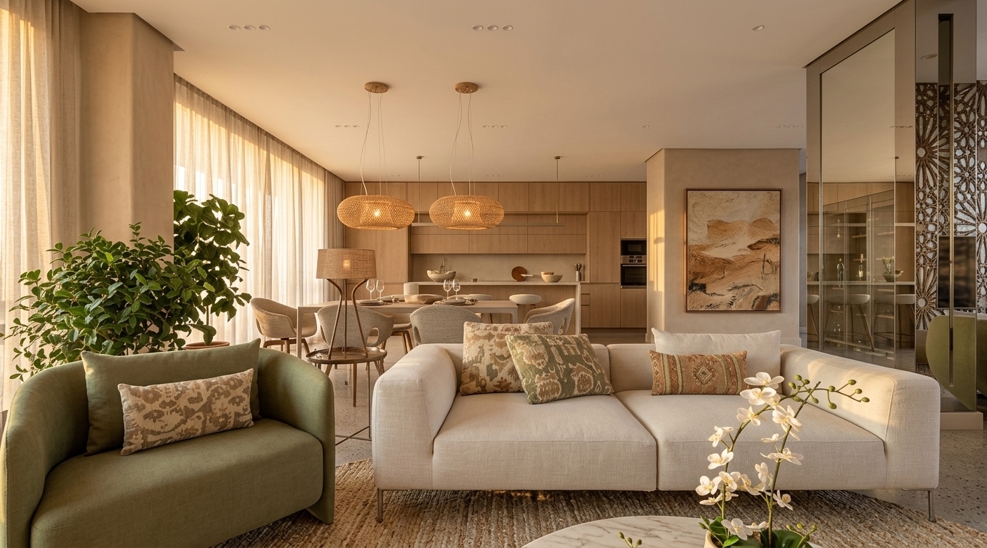 An incredibly lifelike, richly detailed, photorealistic wide-angle interior photograph of an open-concept living and dining space set in a tranquil desert retreat. The scene is illuminated by the soft, warm golden glow of a setting sun filtering through sheer floor-to-ceiling drapes, creating a serene, sun-drenched Southwestern atmosphere. Captured with a professional 35mm architectural lens with a deep depth of field, emphasizing tactile linen fabrics, smooth adobe-textured walls, and polished neutral flooring. The room is styled in a refined palette of sandy beige, soft olive, terracotta undertones, and warm neutrals, featuring a sleek off-white modular sectional complemented by an earthy green accent armchair and patterned desert-inspired cushions. In the background, a minimalist dining setup sits beneath pair of striking textured pendant lights, anchored by an abstract desert landscape canvas on a central structural pillar, creating a seamlessly elegant, uncluttered sanctuary.