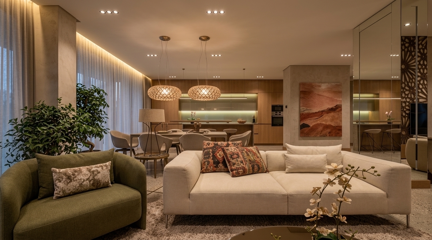An incredibly lifelike, richly detailed, photorealistic wide-angle interior shot of a luxurious open-concept living room set in a serene desert retreat. The scene is illuminated by warm, soft ambient night lighting from recessed ceiling spotlights, glowing LED cove accents, and the gentle shimmer of dual woven globe pendants, creating a tranquil and cozy atmosphere. Captured with a 24mm architectural lens with a deep depth of field, emphasizing the rich tactile fabric textures, smooth polished floors, and refined earthy color palette of warm neutrals, beige, and olive greens. In the foreground, an inviting olive-green armchair upholstered in soft fabric sits adjacent to a low-profile cream sectional sofa resting on a plush area rug. Behind the seating area, streamlined dining chairs surround a minimalist table beneath the statement pendant lights. To the right, a textured pillar displays a large abstract canvas reminiscent of a desert landscape in subtle terracotta and earthy tones, leading the eye toward an open, high-end kitchen with glowing backsplash illumination. Floor-to-ceiling glass windows wrapped in sheer drapery line the left, completing this sun-drenched, Southwestern-inspired modern haven.